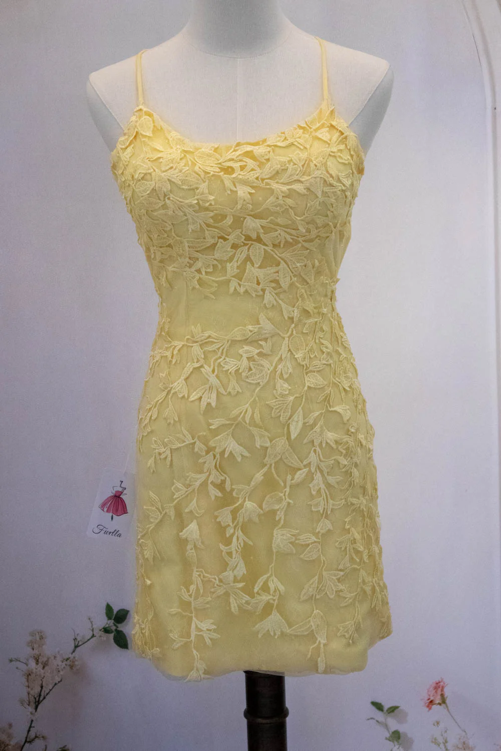 Cute Yellow Spaghetti Straps Short Tight Lace Homecoming Dress - Image 8