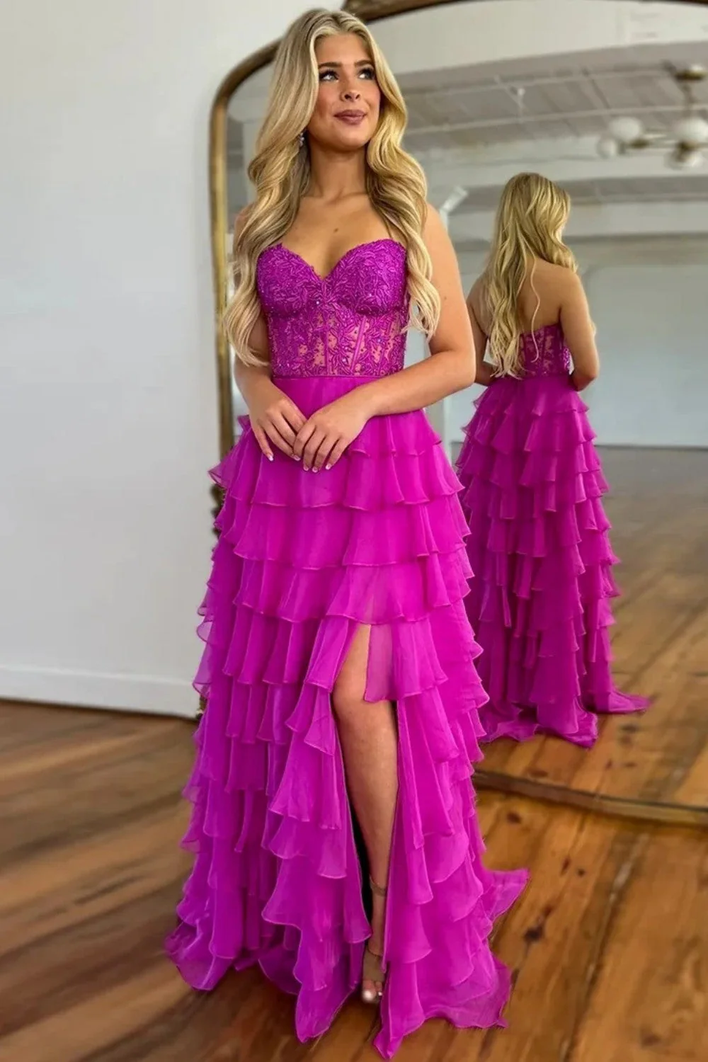 Cute Yellow Sweetheart Prom Dress with A Line Silhouette Tiered Chiffon and Slit - Image 10