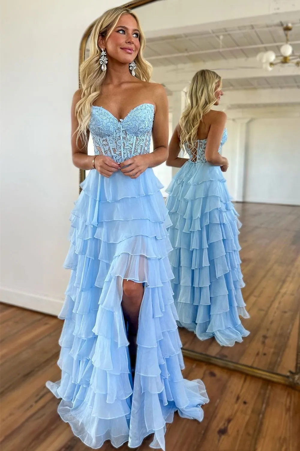 Cute Yellow Sweetheart Prom Dress with A Line Silhouette Tiered Chiffon and Slit - Image 3