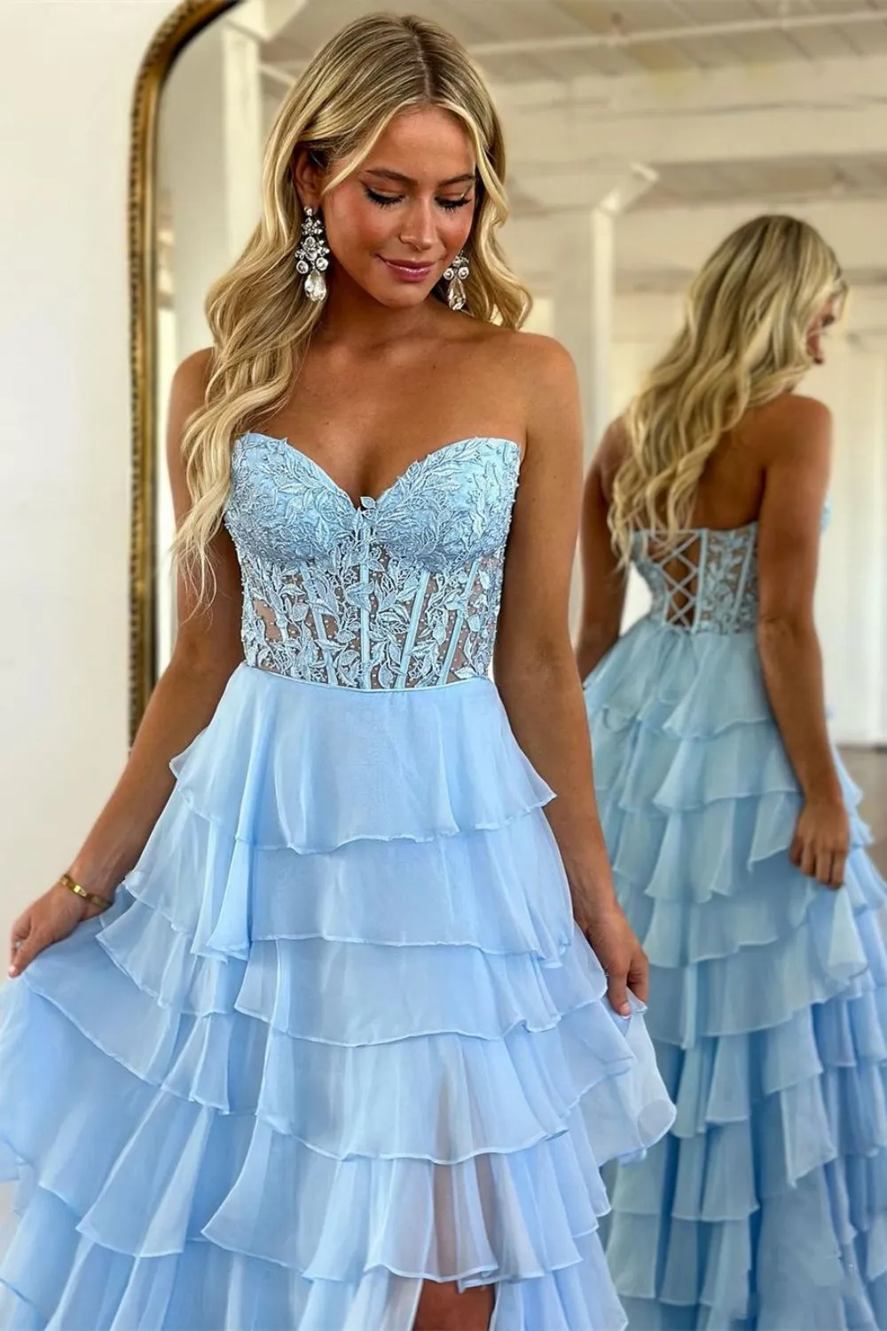 Cute Yellow Sweetheart Prom Dress with A Line Silhouette Tiered Chiffon and Slit - Image 4
