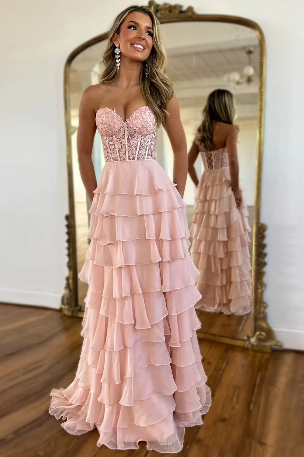Cute Yellow Sweetheart Prom Dress with A Line Silhouette Tiered Chiffon and Slit - Image 7