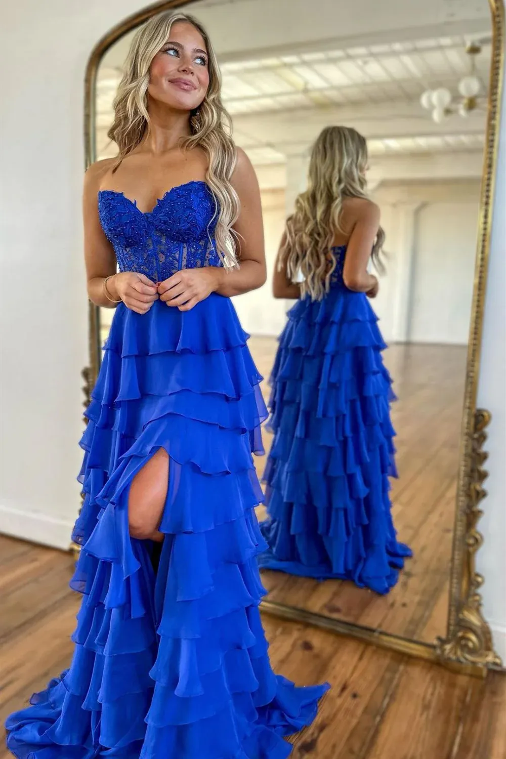 Cute Yellow Sweetheart Prom Dress with A Line Silhouette Tiered Chiffon and Slit - Image 8