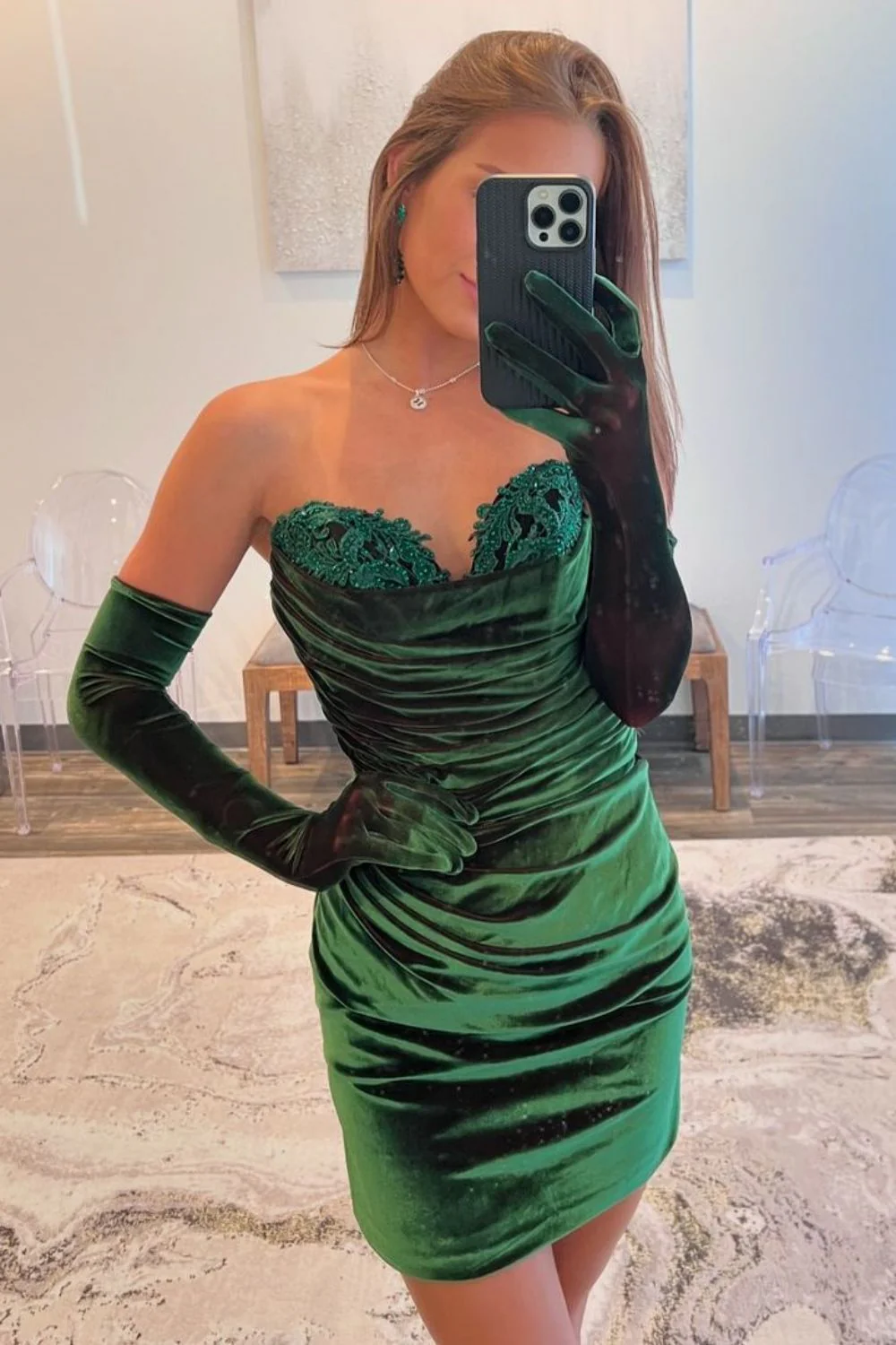 Dark Green Velvet Sweetheart Bodycon Short Dress with Pleating Homecoming Dress - Image 4