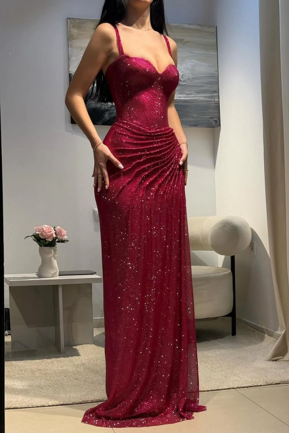 Dark Red Glitter Bodycon Homecoming Dress with Sweetheart Neck Spaghetti Straps Ruched Side Slit - Image 11