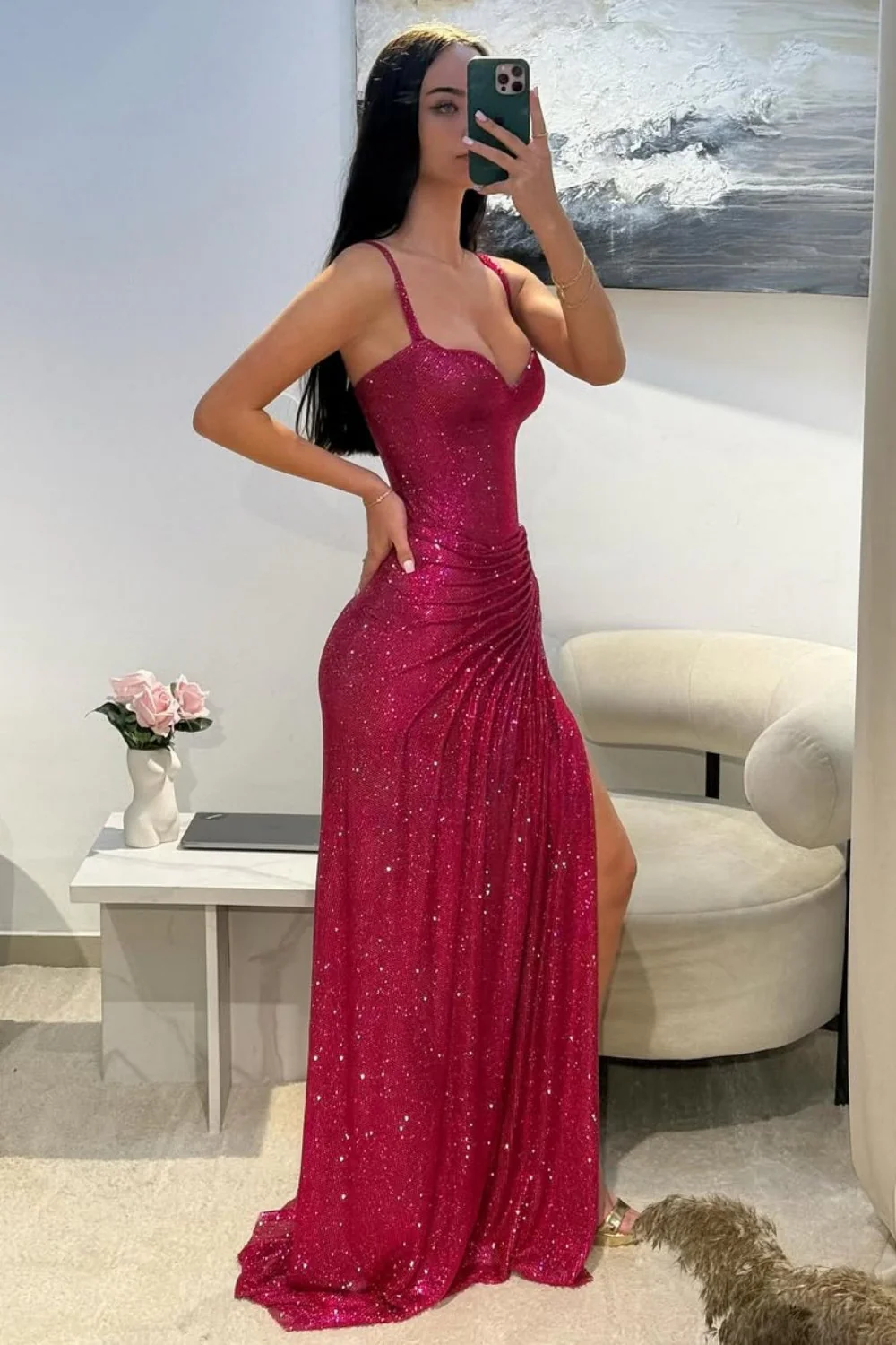 Dark Red Glitter Bodycon Homecoming Dress with Sweetheart Neck Spaghetti Straps Ruched Side Slit - Image 2