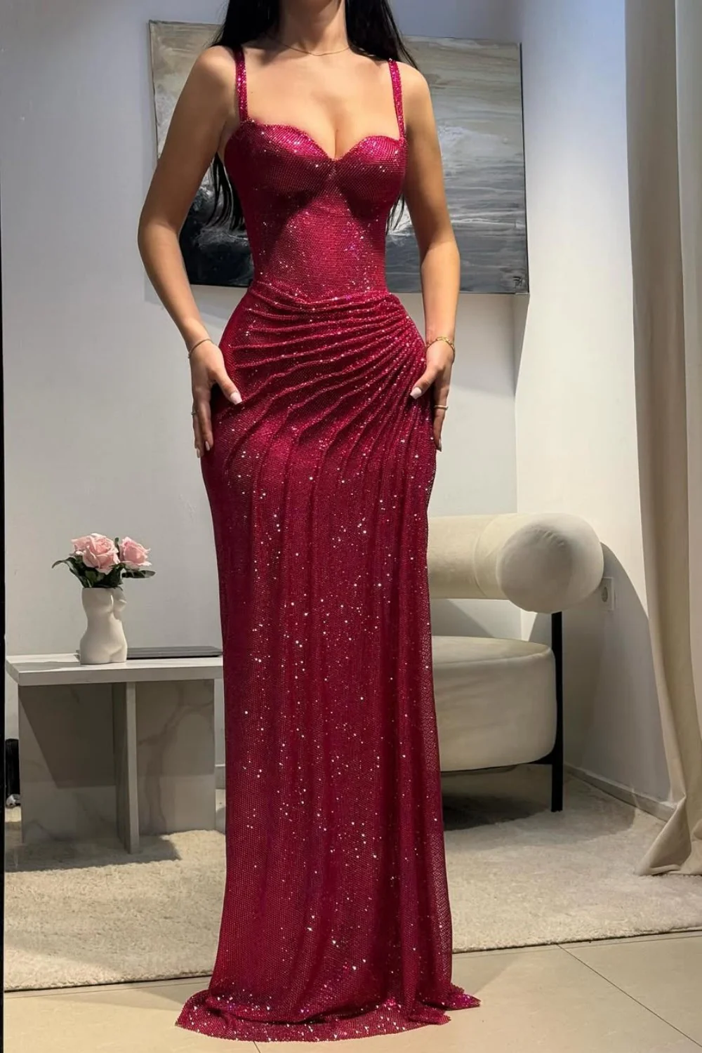 Dark Red Glitter Bodycon Homecoming Dress with Sweetheart Neck Spaghetti Straps Ruched Side Slit - Image 5