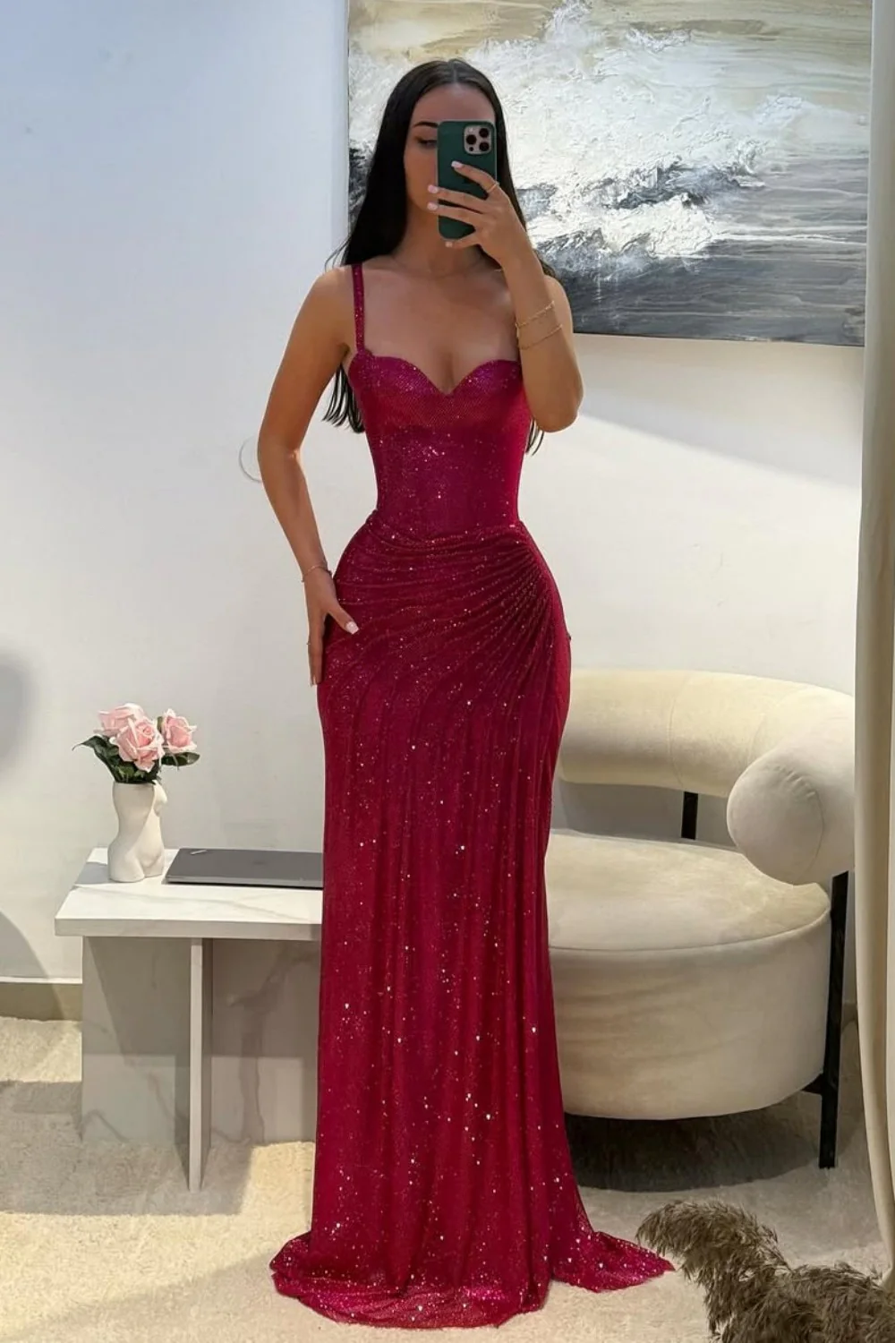 Dark Red Glitter Bodycon Homecoming Dress with Sweetheart Neck Spaghetti Straps Ruched Side Slit - Image 7