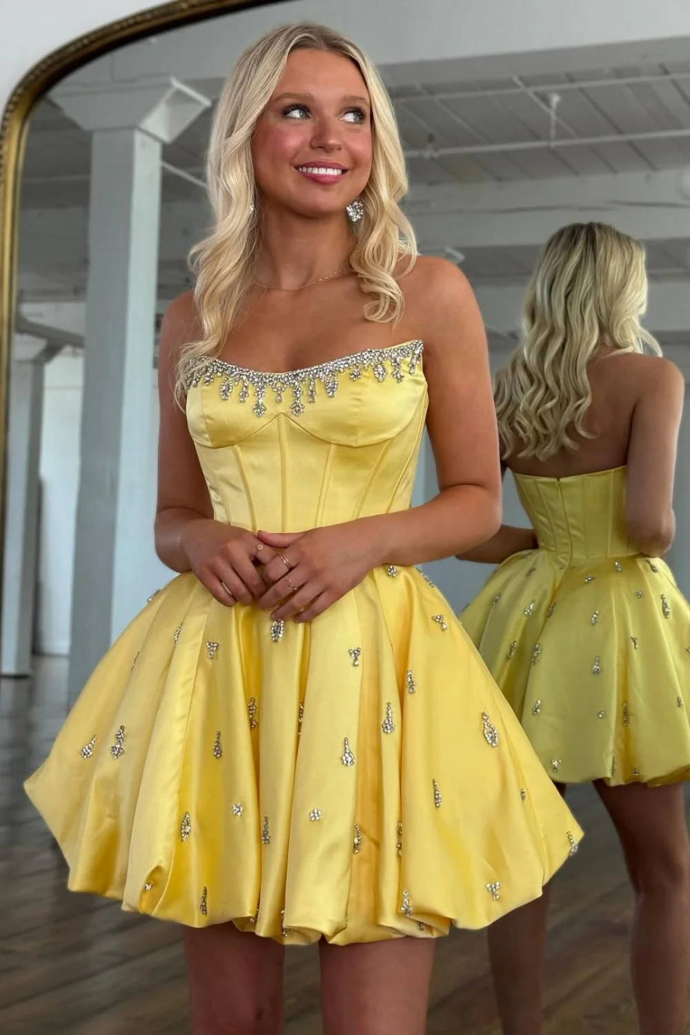 Dreamy A-Line Strapless Short Satin Homecoming Dress with Beading - Image 2