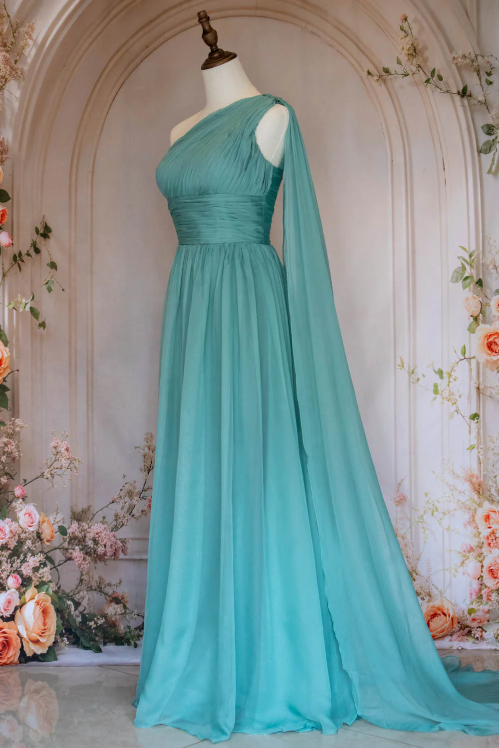 Elegant A Line One Shoulder Green Long Prom Dress with Ribbon - Image 4