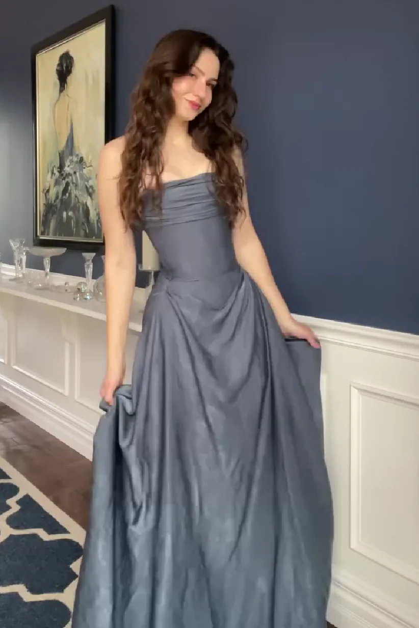 Elegant A Line Strapless Grey Blue Long Prom Dress with Ruffles - Image 2