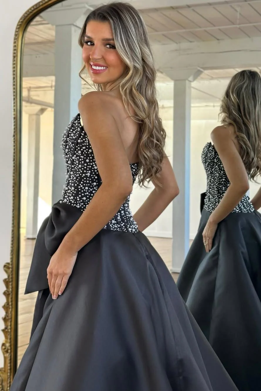 Elegant Black Satin Strapless Beaded Corset A-Line Prom Dress with Bow - Image 4