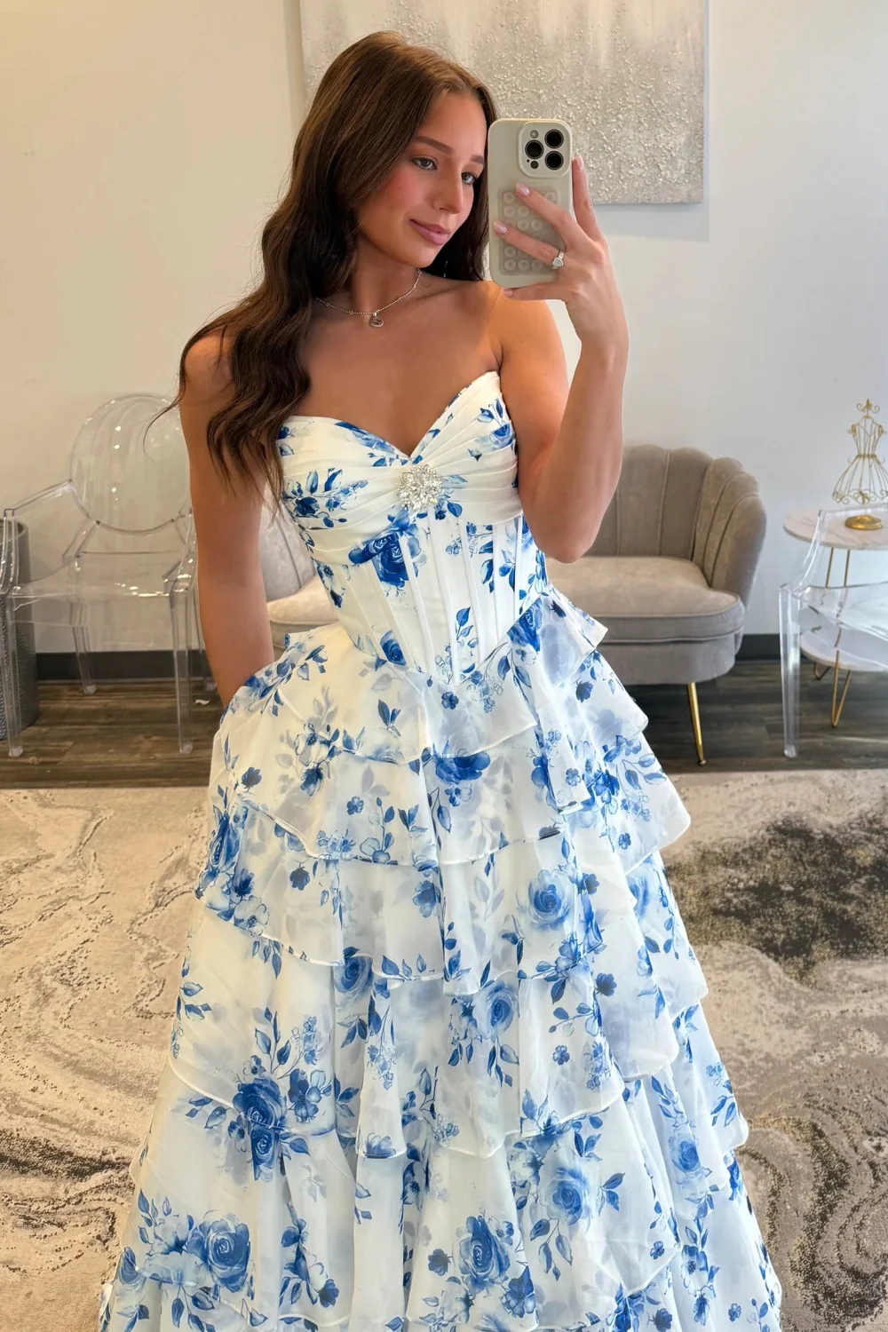 Elegant Blue Floral Sweetheart Tiered Prom Dress with Corset Bodice - Image 2