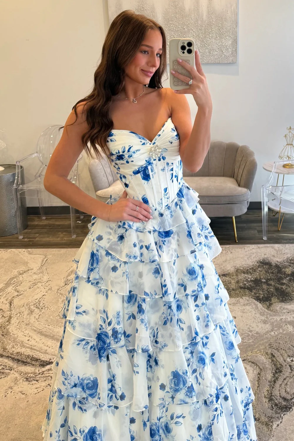 Elegant Blue Floral Sweetheart Tiered Prom Dress with Corset Bodice - Image 6