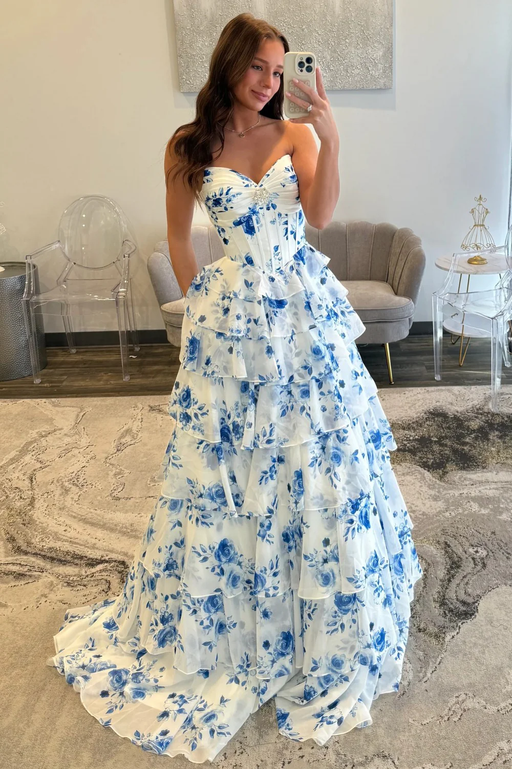 Elegant Blue Floral Sweetheart Tiered Prom Dress with Corset Bodice - Image 8