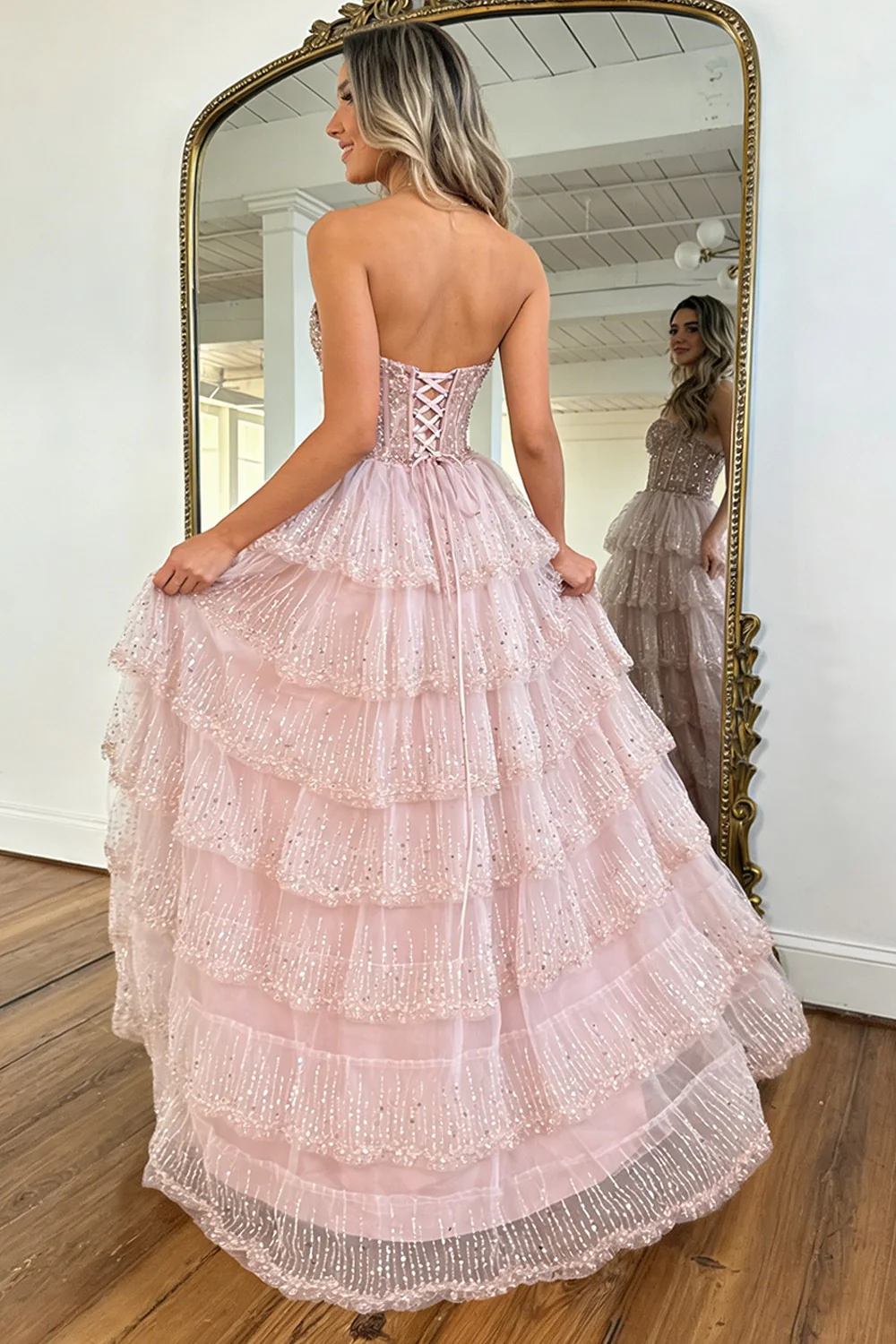 Elegant Blush Pink Sweethear Lace Up Tiered Tulle Prom Dress with Sparkle - Image 2