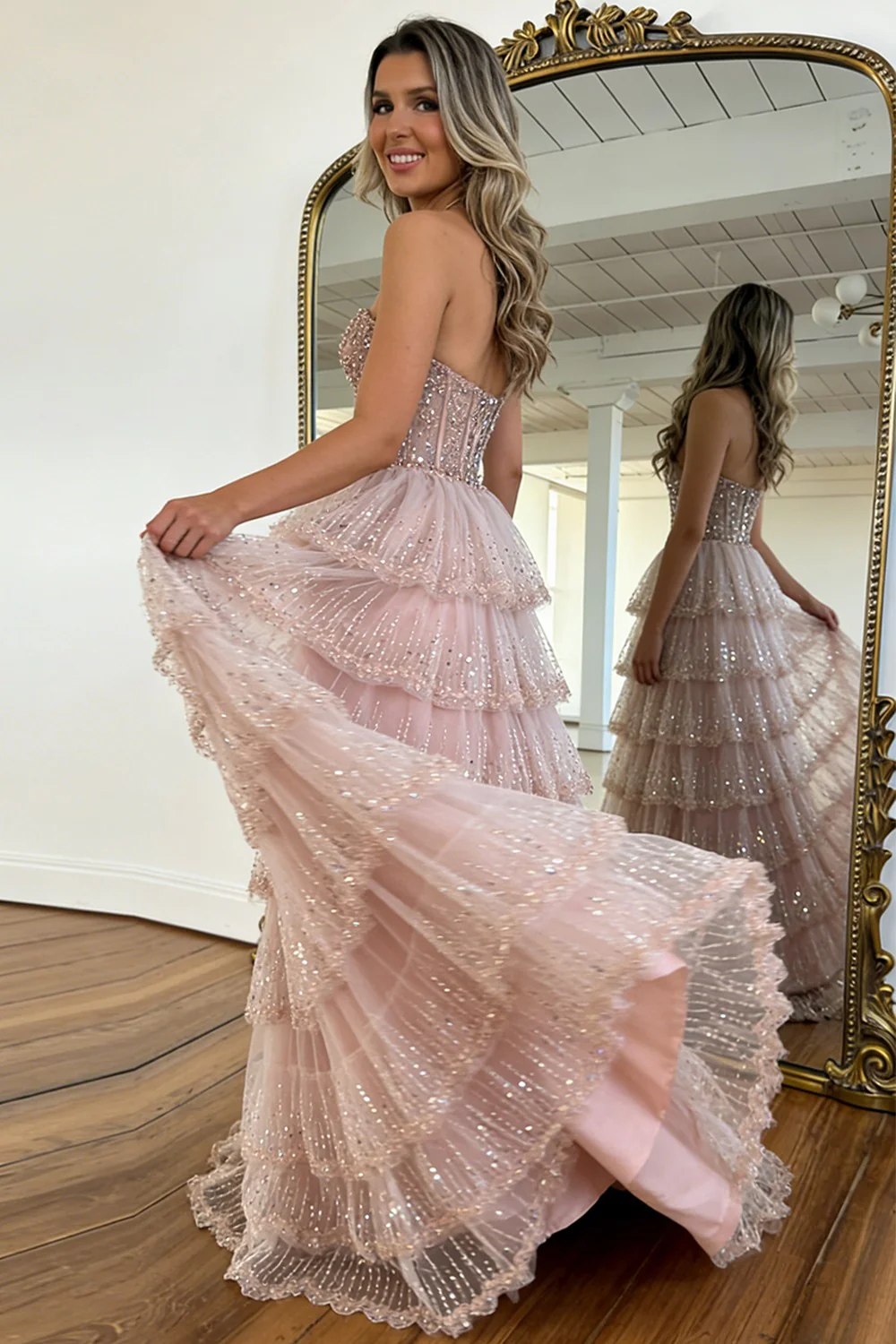Elegant Blush Pink Sweethear Lace Up Tiered Tulle Prom Dress with Sparkle - Image 3
