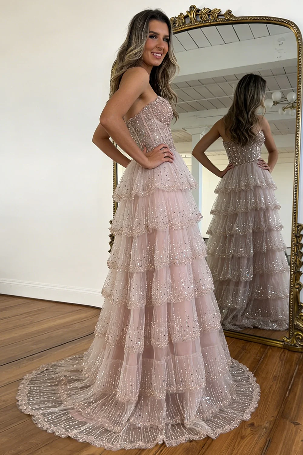 Elegant Blush Pink Sweethear Lace Up Tiered Tulle Prom Dress with Sparkle - Image 4
