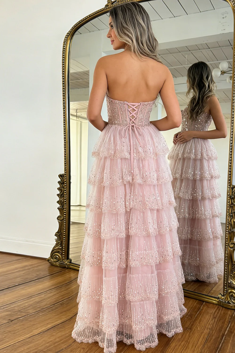 Elegant Blush Pink Sweethear Lace Up Tiered Tulle Prom Dress with Sparkle - Image 5