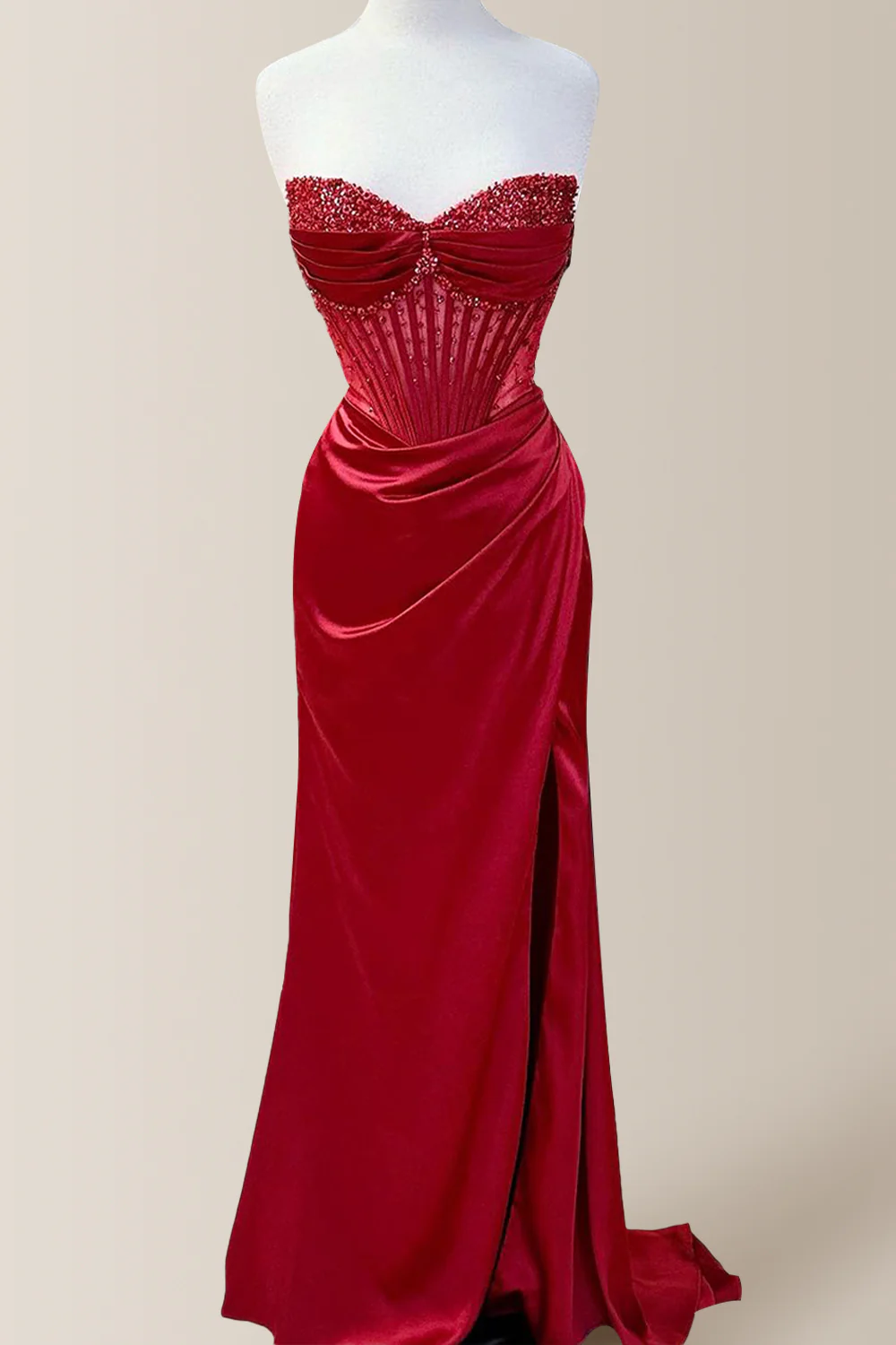 Elegant Dusty Blue Strapless Long Mermaid Satin Prom Dress With Beading - Image 3