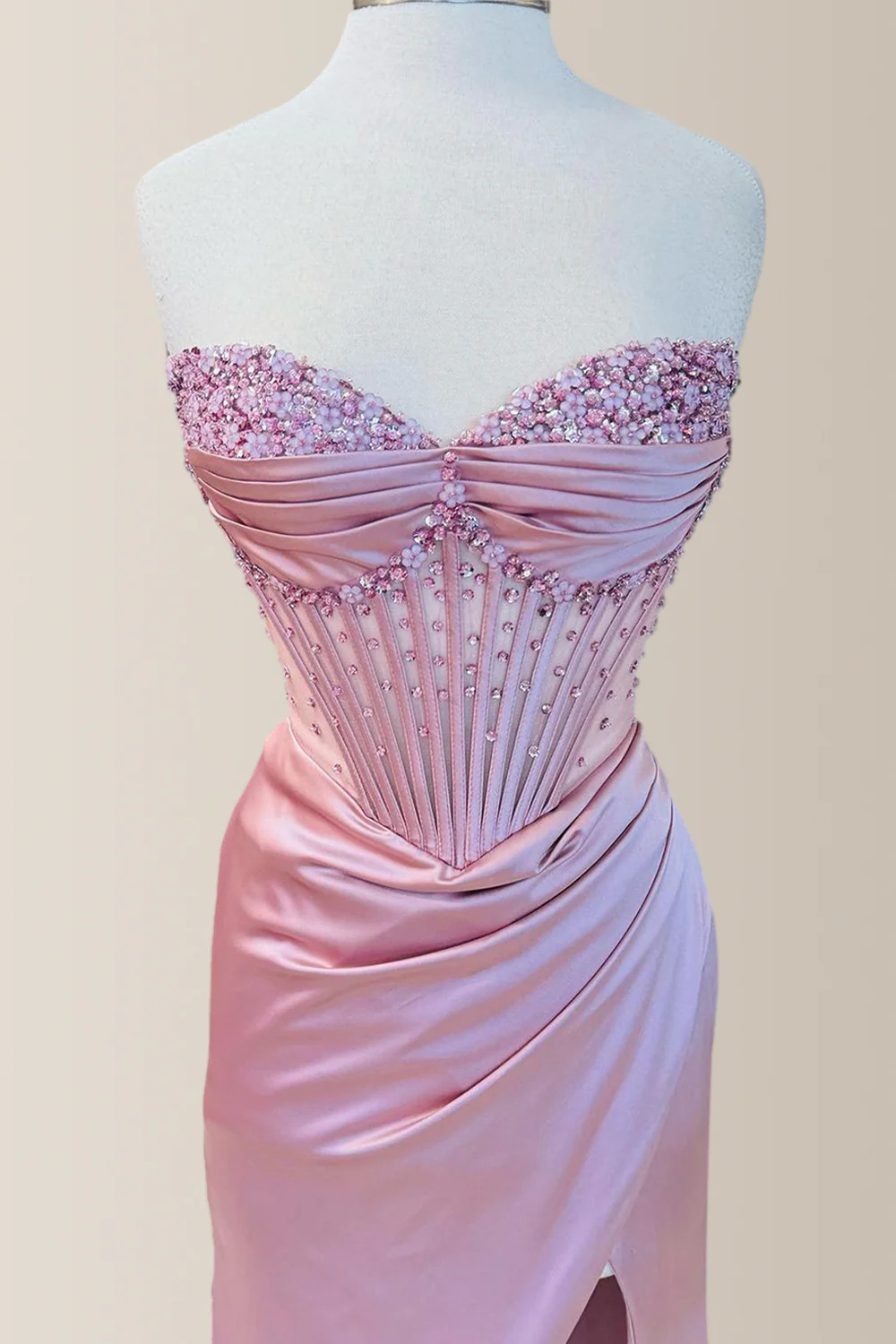 Elegant Dusty Blue Strapless Long Mermaid Satin Prom Dress With Beading - Image 6