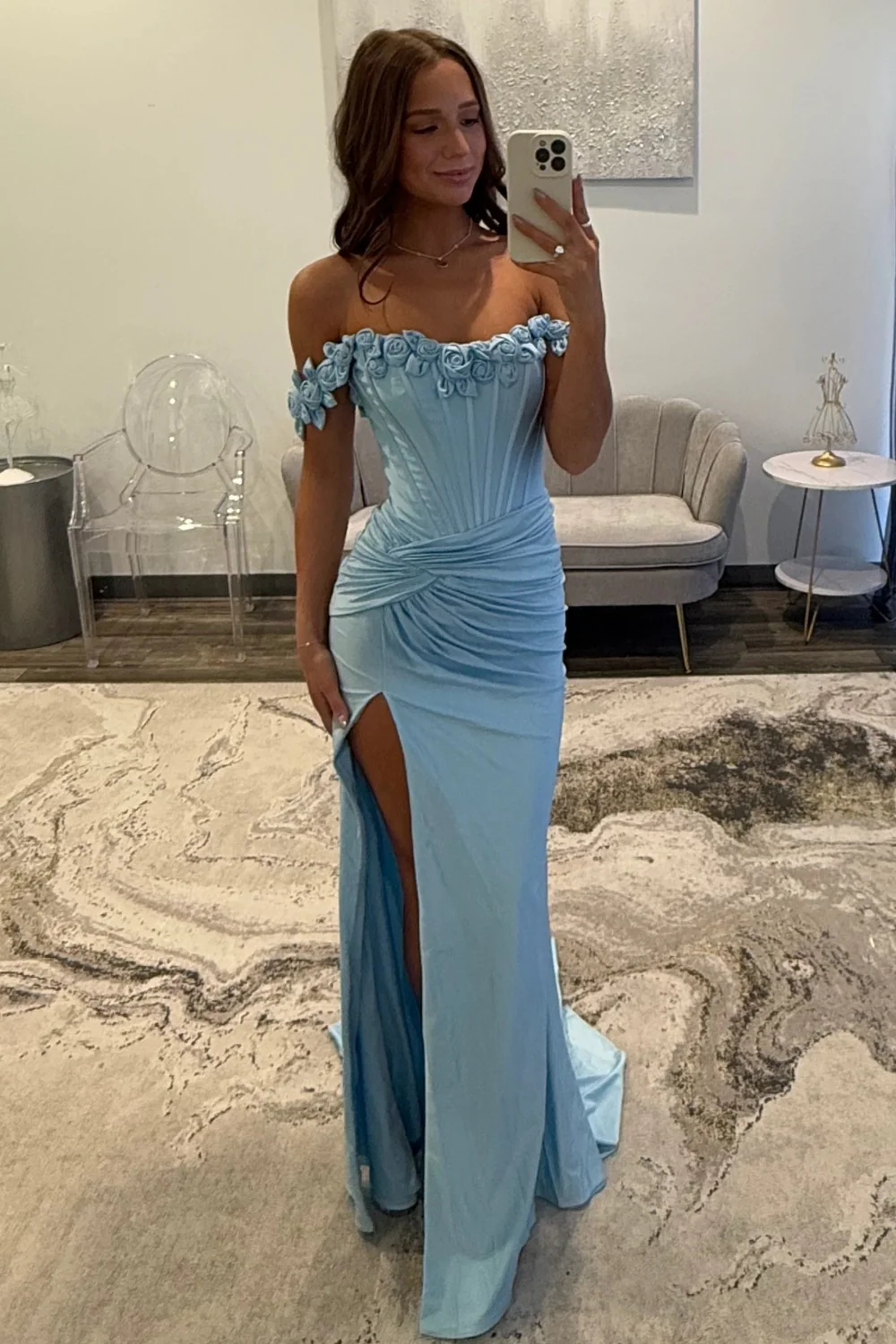 Elegant Light Blue 3D Roses Off Shoulder Ruched Satin Prom Dress with Slit - Image 3