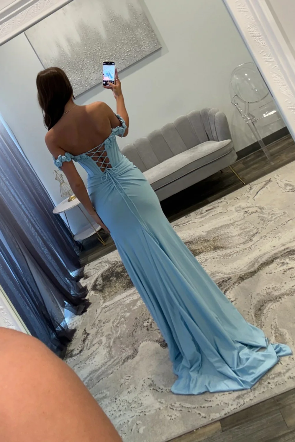 Elegant Light Blue 3D Roses Off Shoulder Ruched Satin Prom Dress with Slit - Image 4