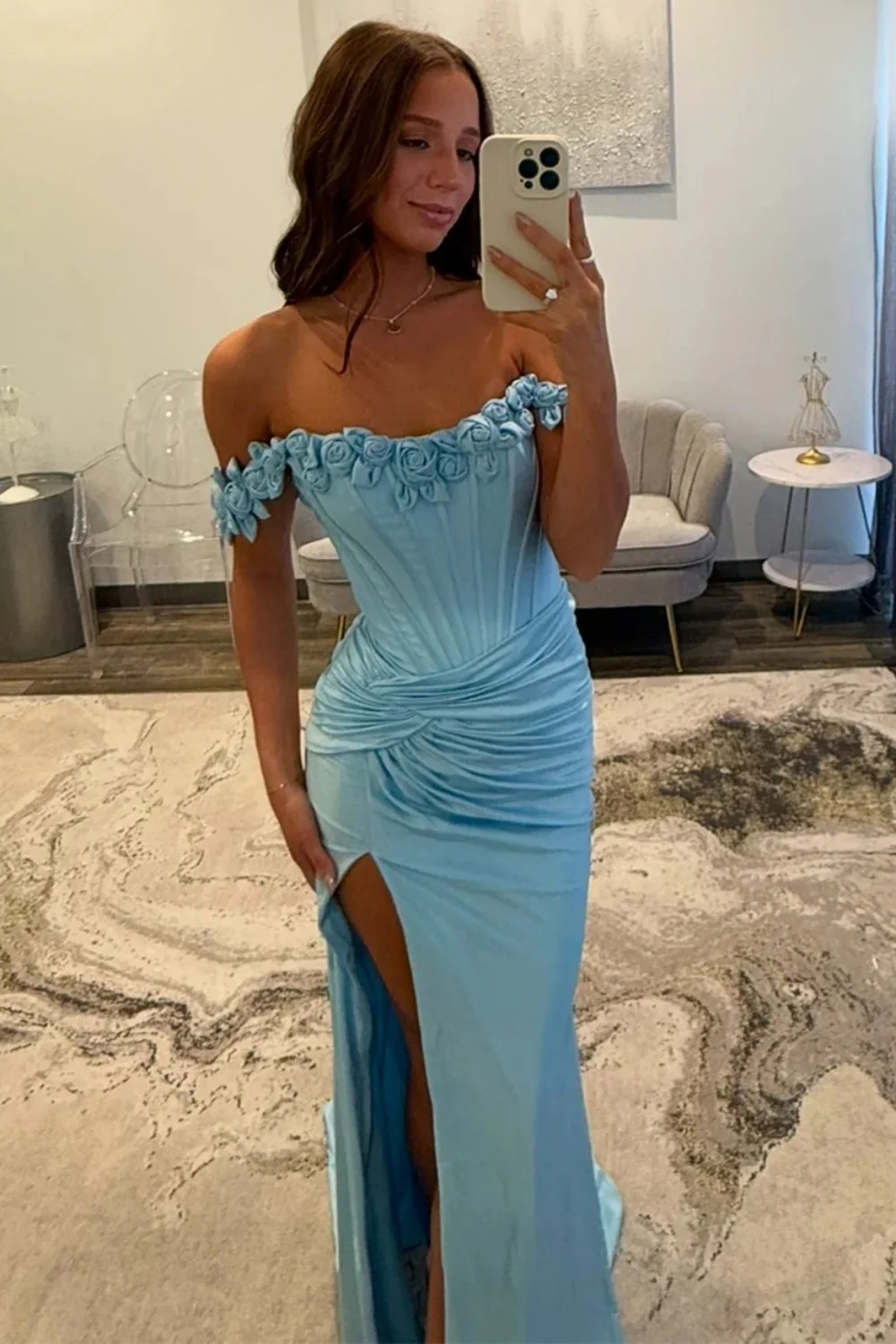 Elegant Light Blue 3D Roses Off Shoulder Ruched Satin Prom Dress with Slit - Image 5