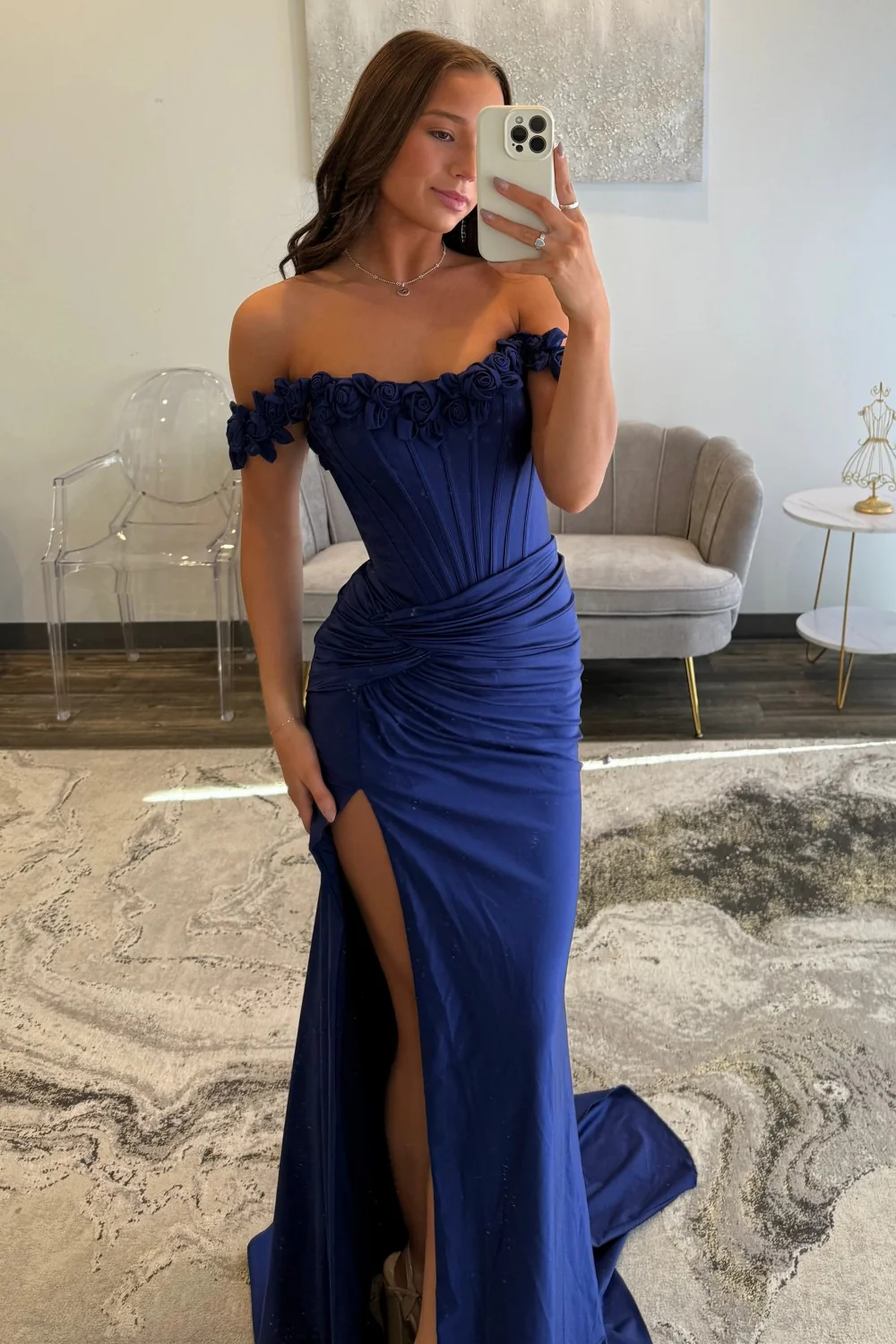Elegant Light Blue 3D Roses Off Shoulder Ruched Satin Prom Dress with Slit - Image 9