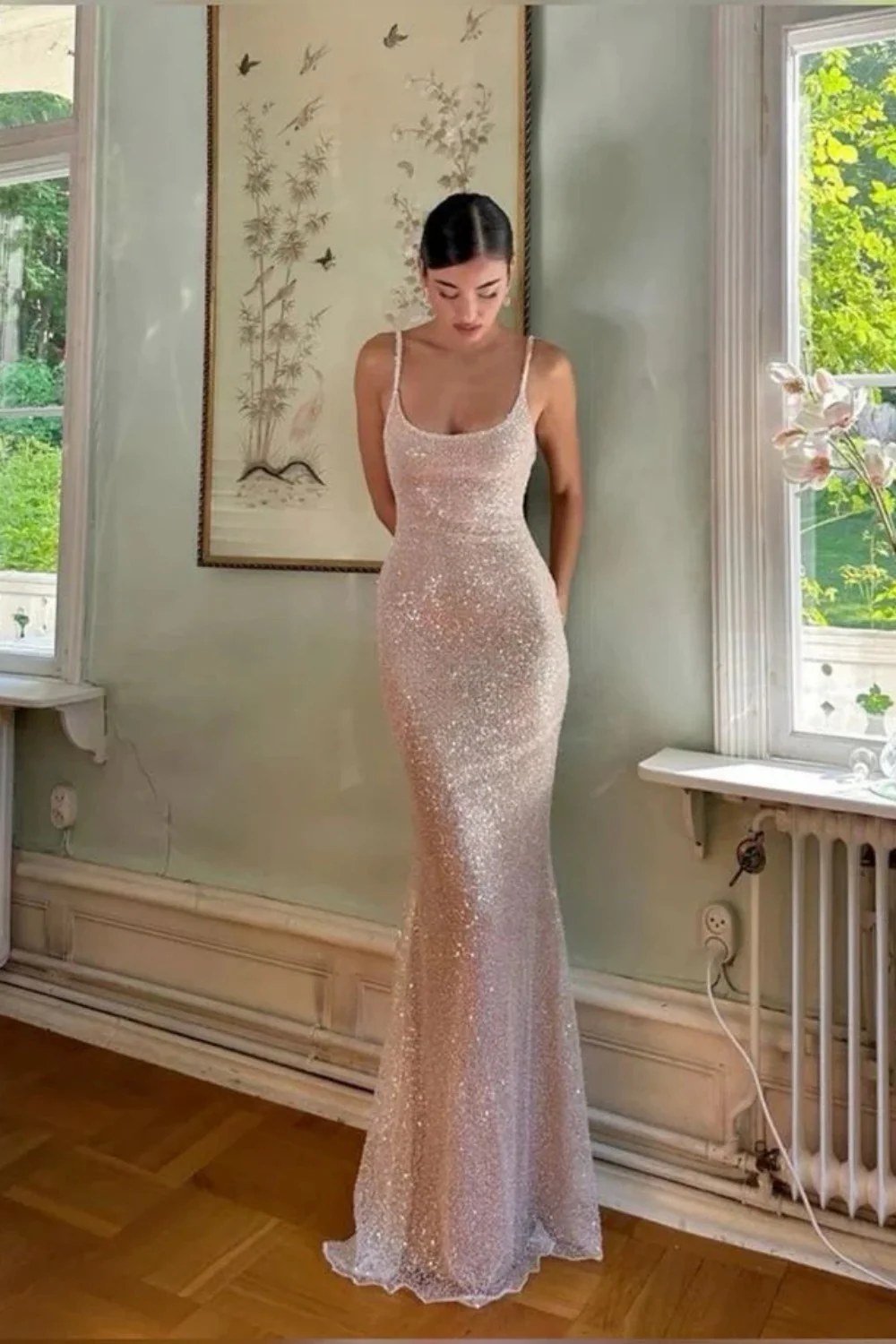 Elegant Light Champagne Sparkly Sequin Bodycon Spaghetti Strap Prom Gown - Image 2