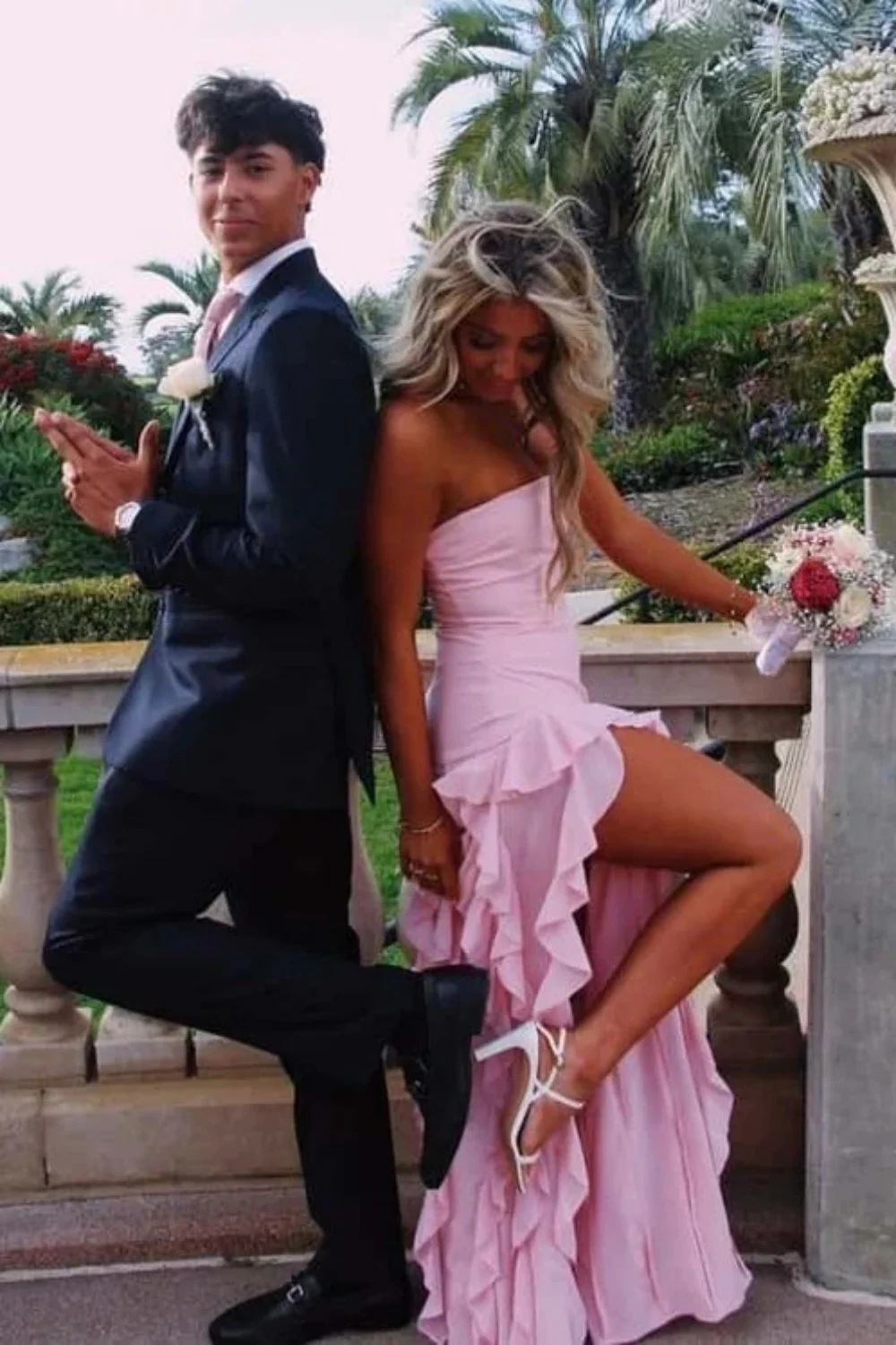 Elegant Light Pink Strapless Sheath Prom Dress with Cascading Ruffles - Image 2