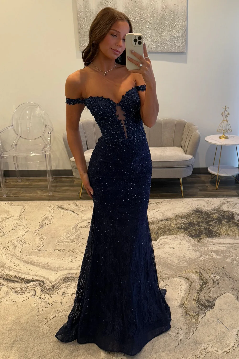 Elegant Navy Blue Mermaid Off-the-Shoulder Lace Prom Dress with Beading - Image 4
