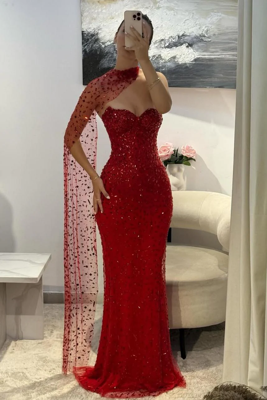 Elegant Red Sweetheart Beaded Fitted Mermaid Prom Dress with Scarf - Image 4