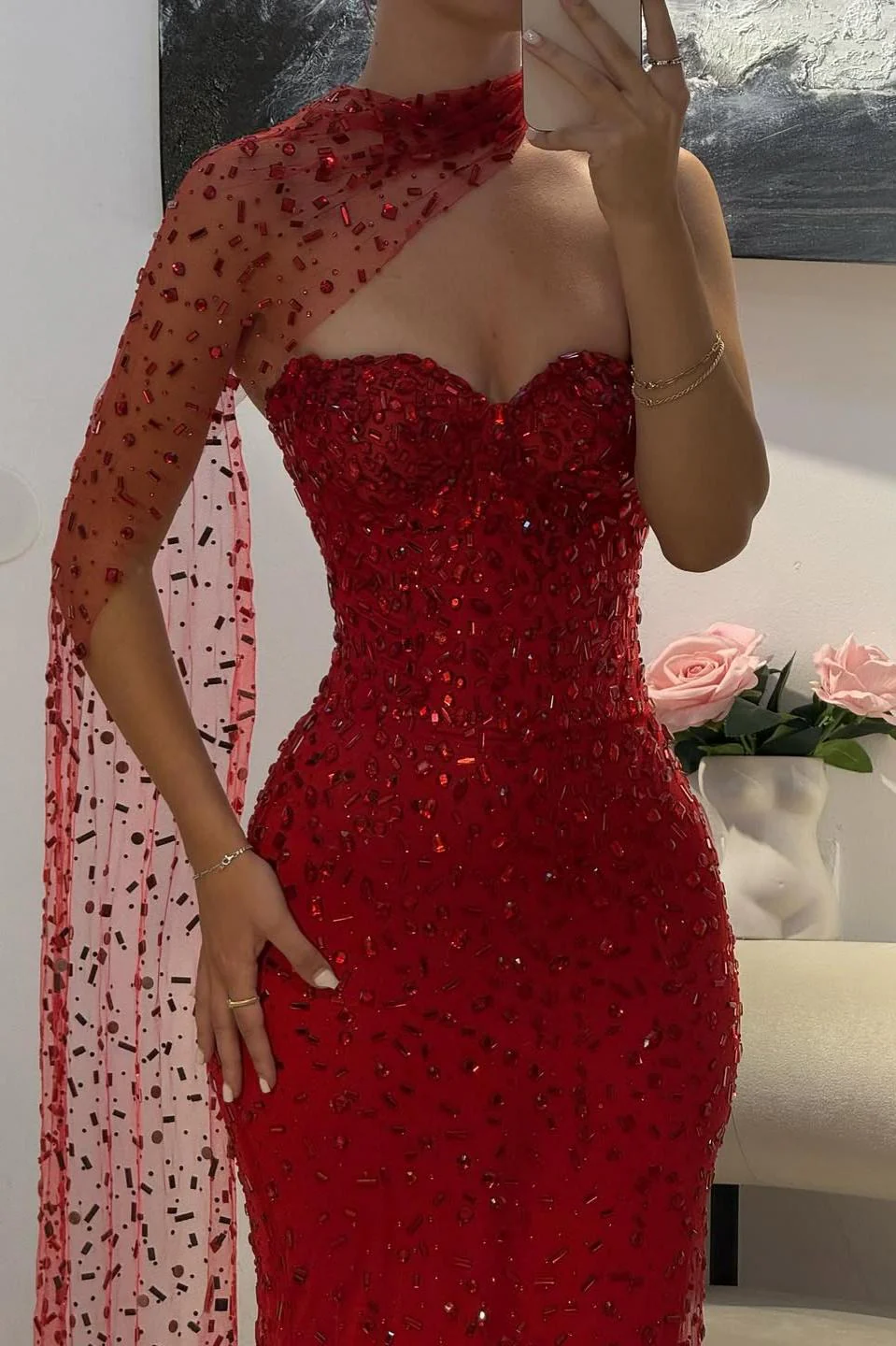 Elegant Red Sweetheart Beaded Fitted Mermaid Prom Dress with Scarf - Image 8