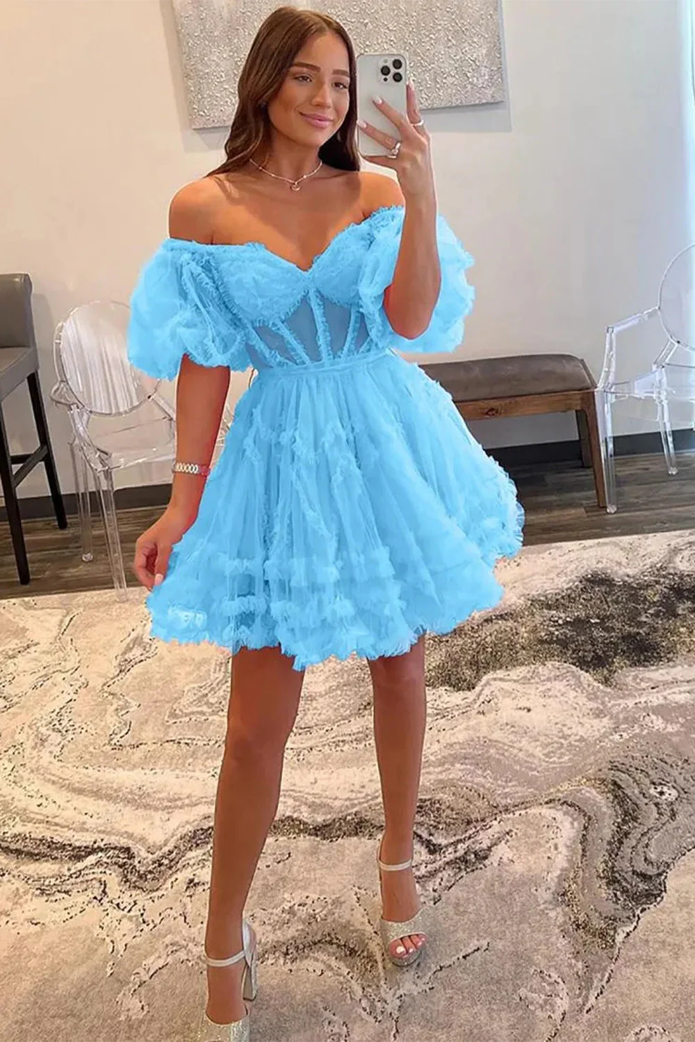 Elegant Short Tulle Homecoming Dress with Off The Shoulder Neckline and A Line Silhouette - Image 10
