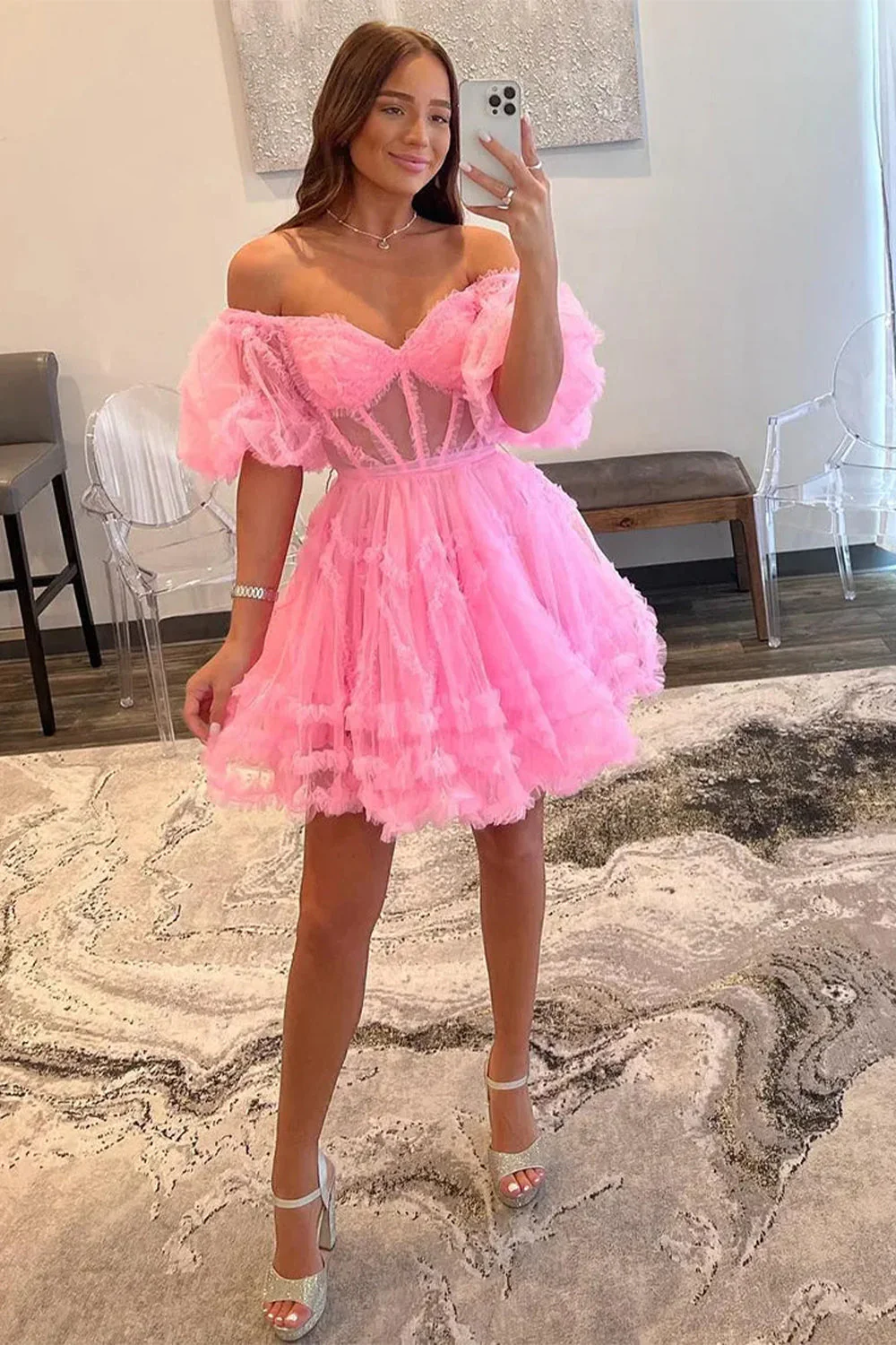 Elegant Short Tulle Homecoming Dress with Off The Shoulder Neckline and A Line Silhouette - Image 4
