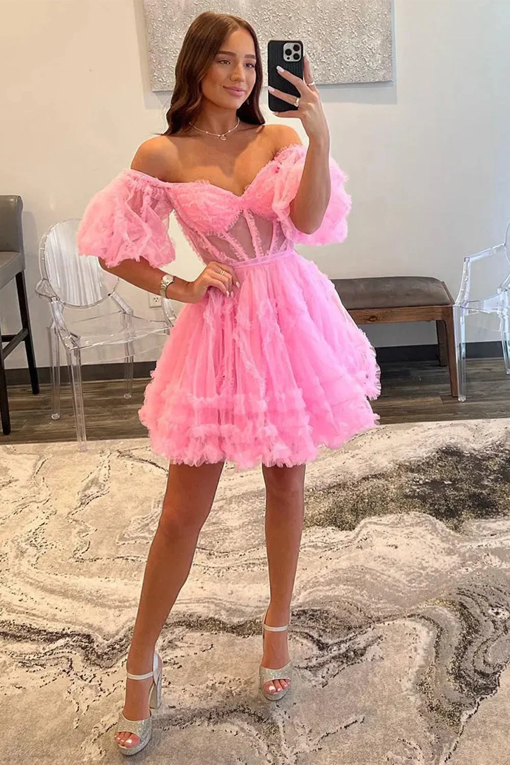 Elegant Short Tulle Homecoming Dress with Off The Shoulder Neckline and A Line Silhouette - Image 5