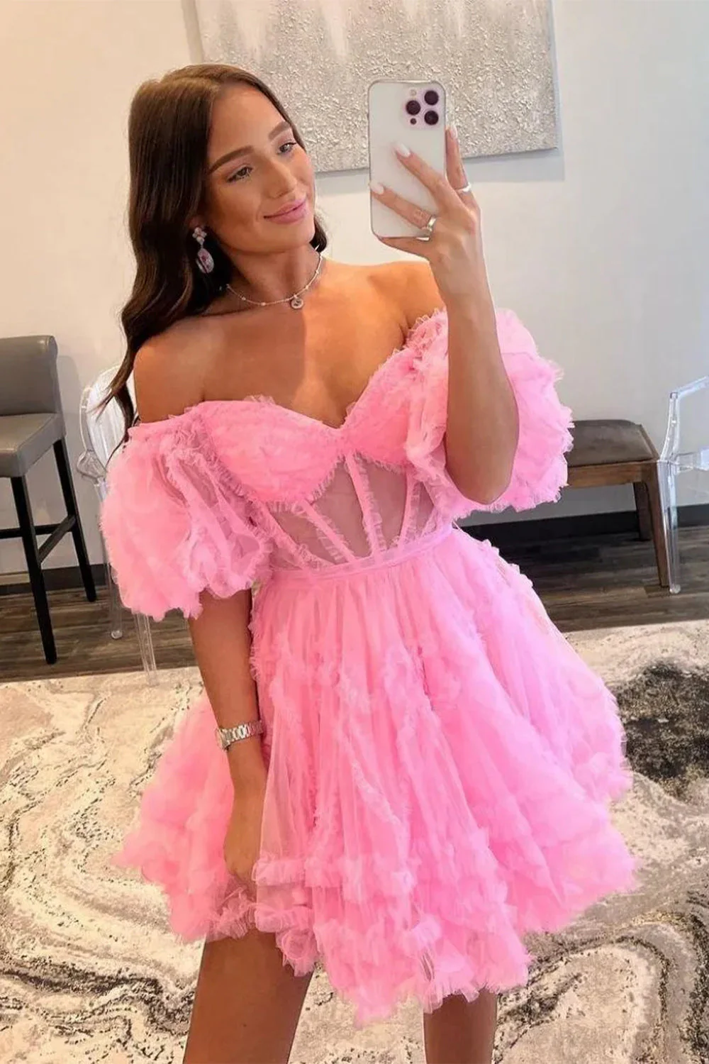 Elegant Short Tulle Homecoming Dress with Off The Shoulder Neckline and A Line Silhouette - Image 6