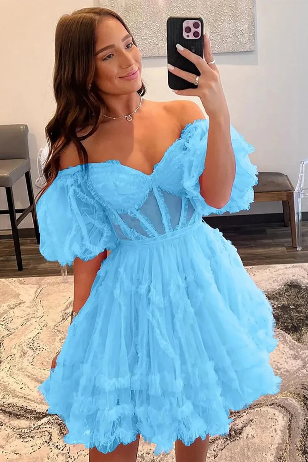 Elegant Short Tulle Homecoming Dress with Off The Shoulder Neckline and A Line Silhouette - Image 8