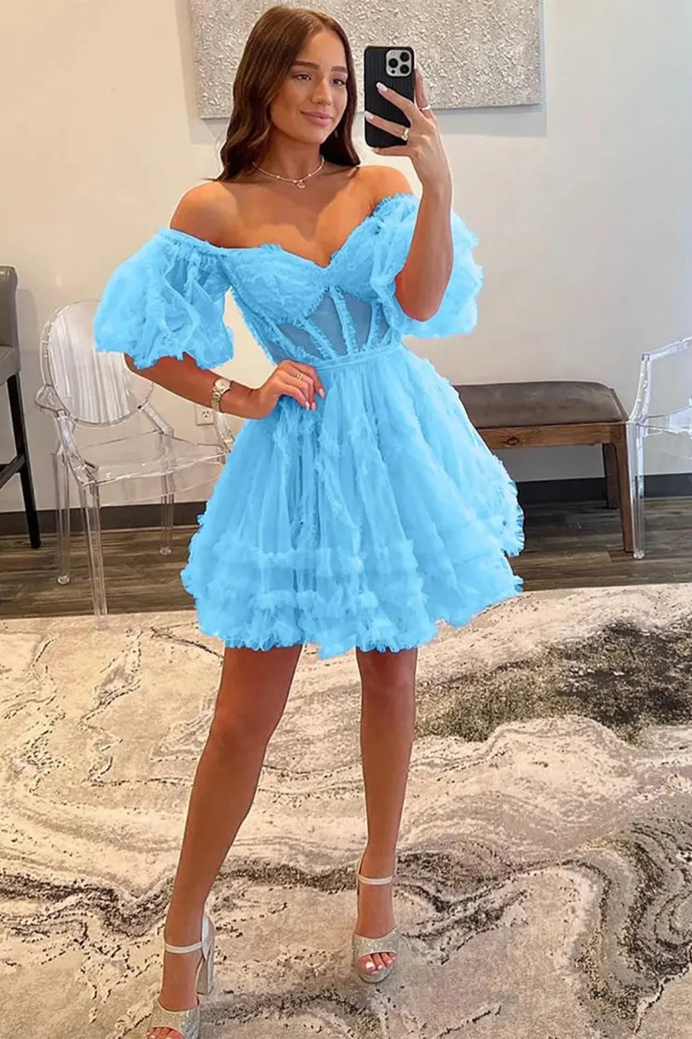 Elegant Short Tulle Homecoming Dress with Off The Shoulder Neckline and A Line Silhouette - Image 9