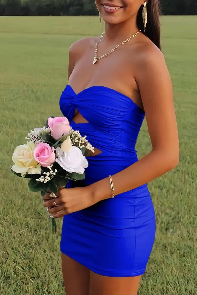 Elegant Strapless Yellow Ruched Bodycon Homecoming Dress with Cutout Detail - Image 7