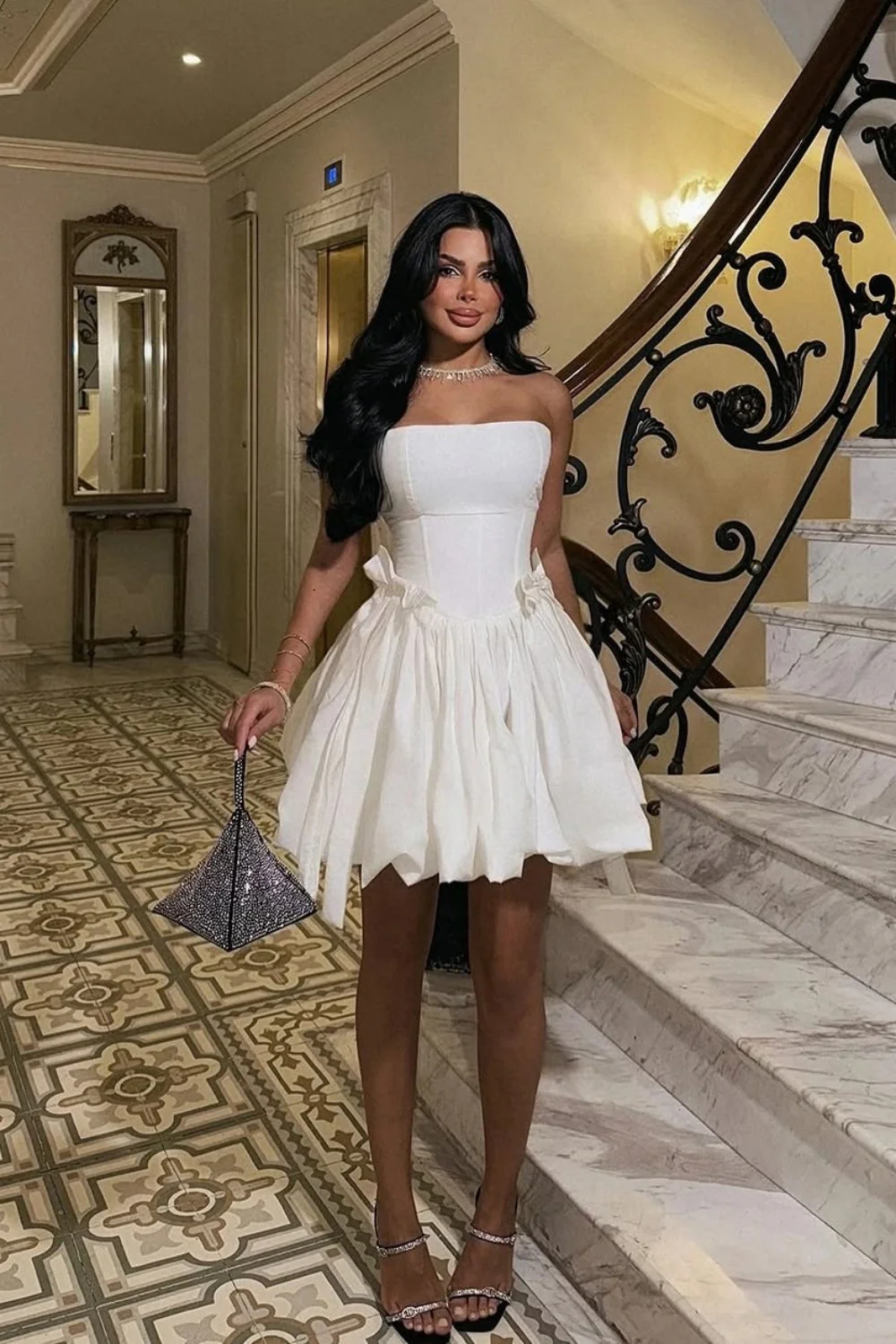 Elegant White Strapless Corset Mini Ball Gown with Voluminous Skirt