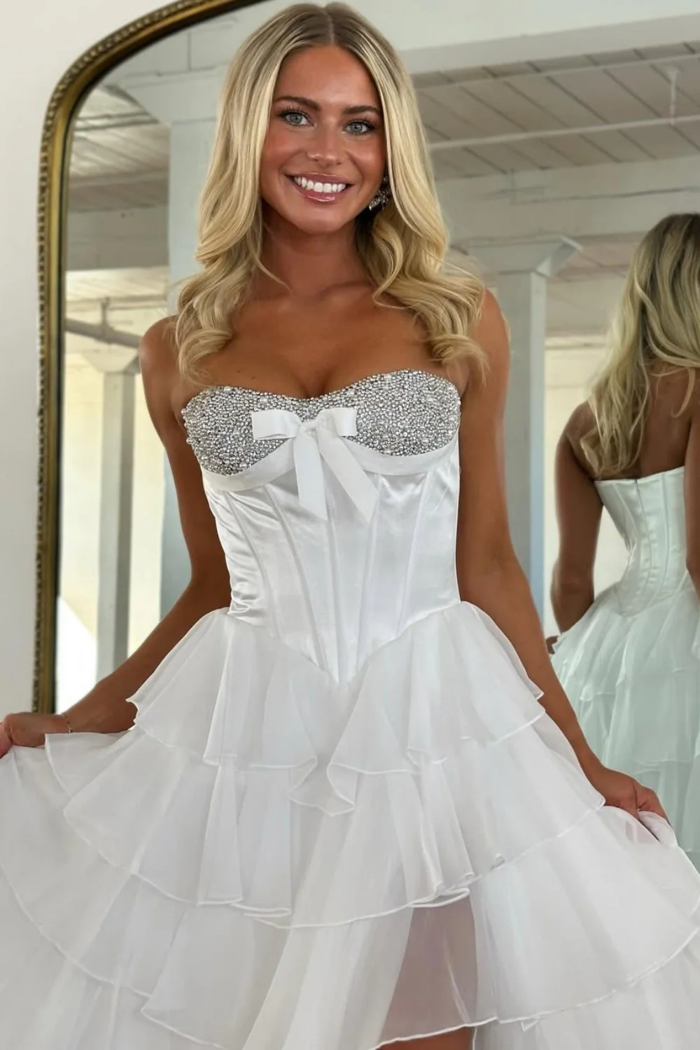 Elegant Yellow A-Line Tiered Ruffle Prom Dress with Sparkling Bodice - Image 15