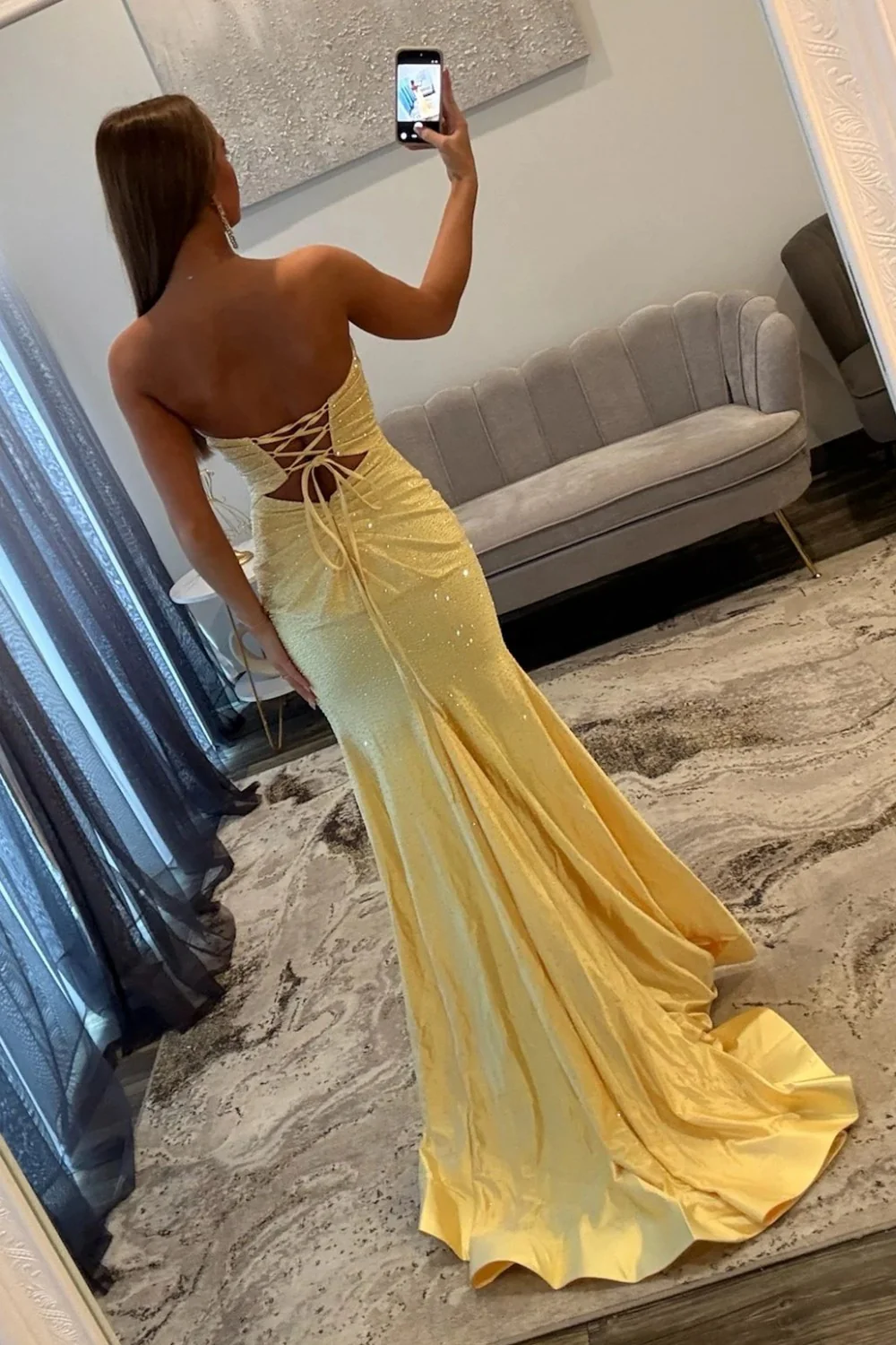 Elegant Yellow Strapless Long Beaded Evening Dress with Front Cutout and Slit - Image 3