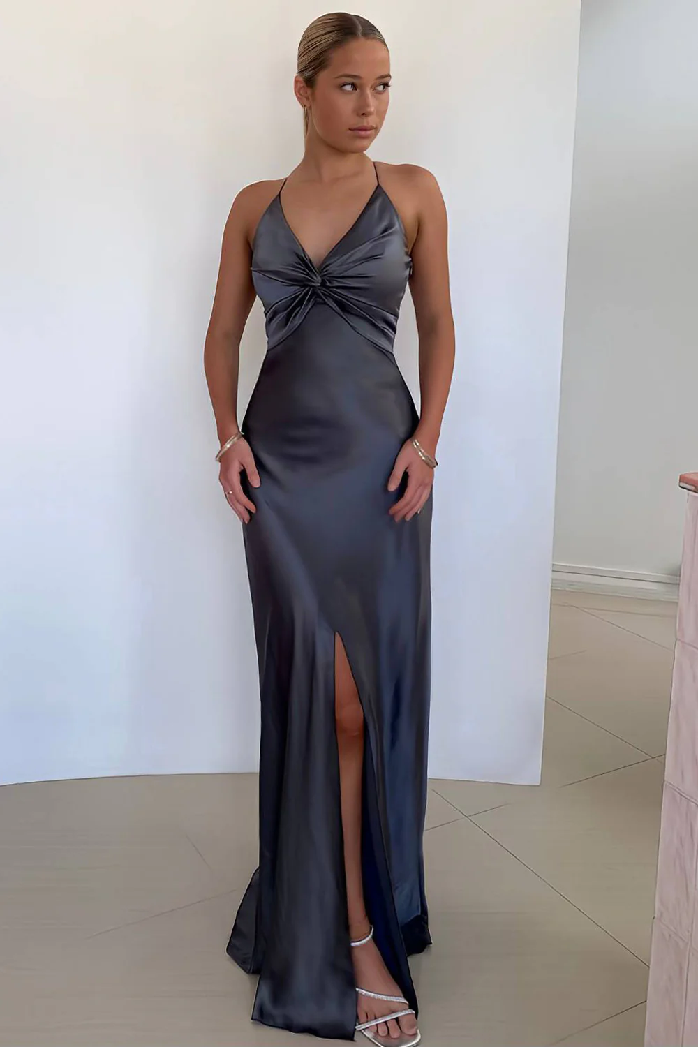 Elegant Yellow V-Neck Keyhole Back Satin Gown with Front Twist - Image 10