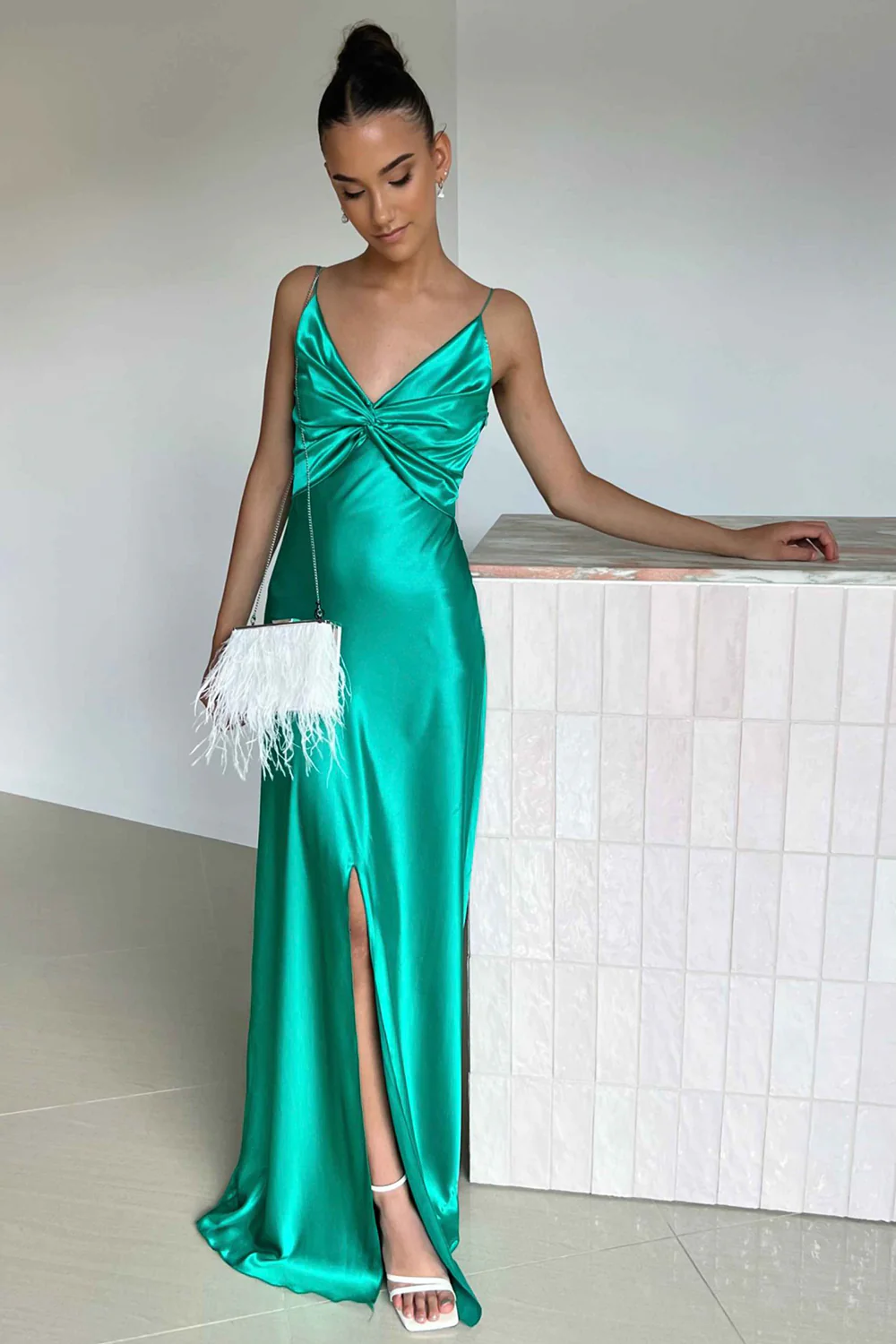 Elegant Yellow V-Neck Keyhole Back Satin Gown with Front Twist - Image 6