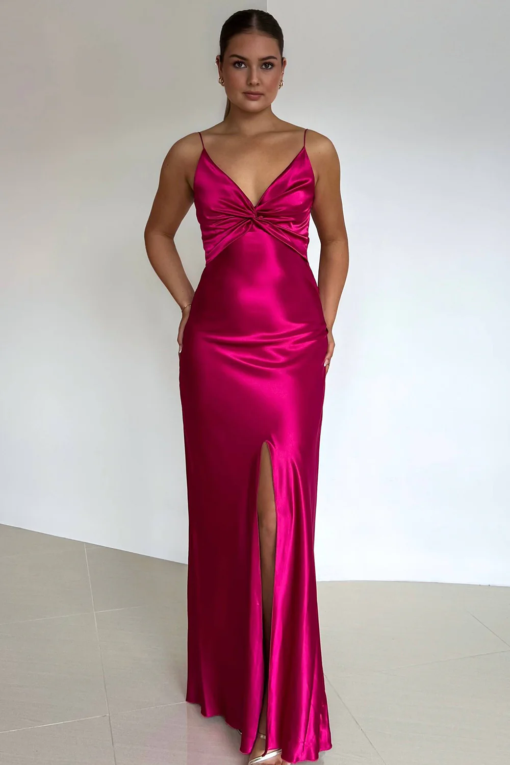 Elegant Yellow V-Neck Keyhole Back Satin Gown with Front Twist - Image 8