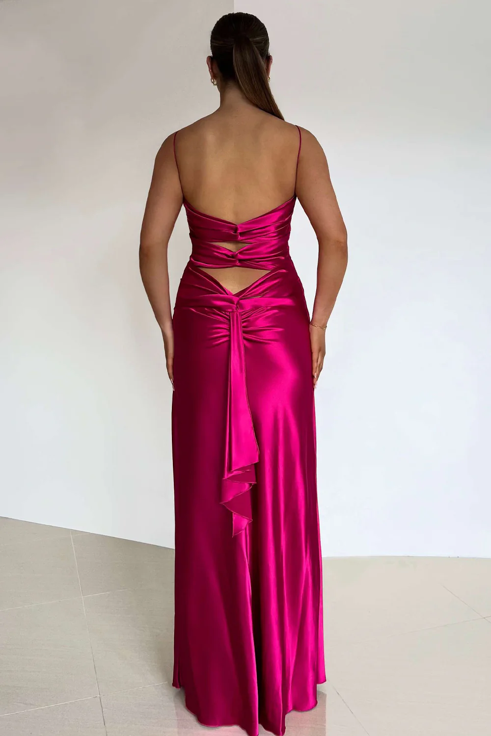 Elegant Yellow V-Neck Keyhole Back Satin Gown with Front Twist - Image 9