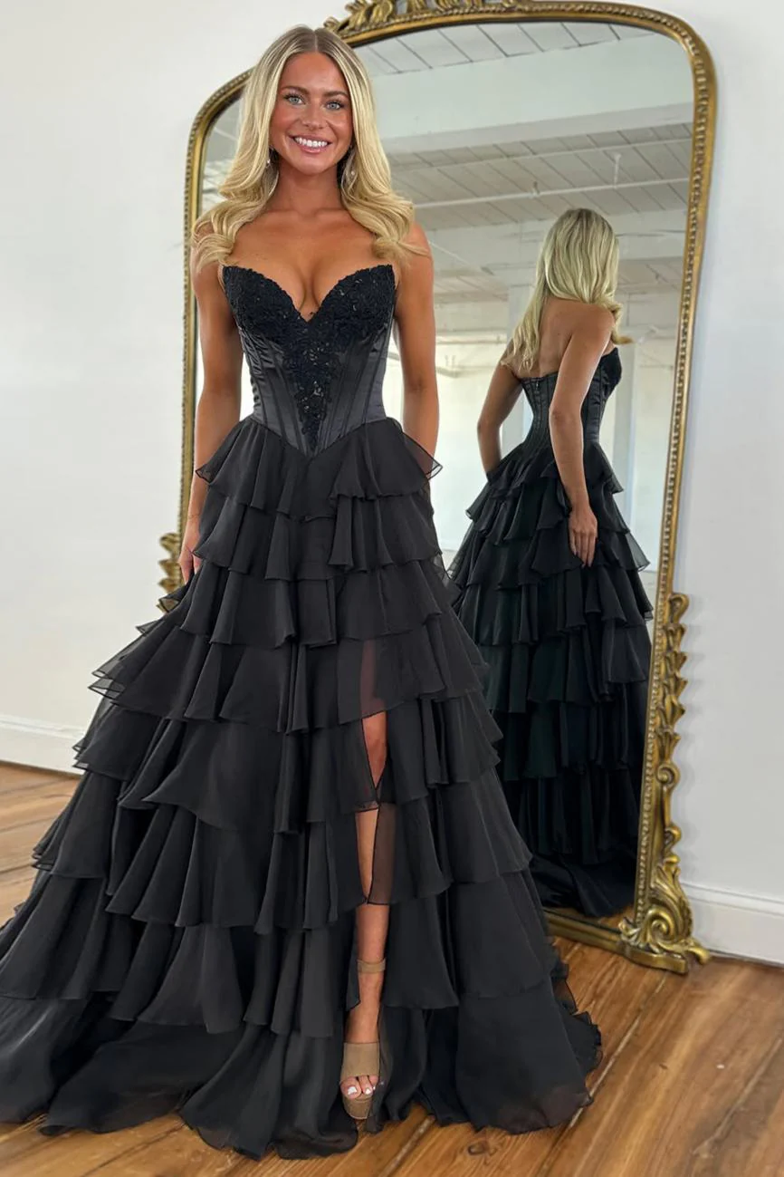 Emerald Green Sweetheart Corset Prom Dress with Tiered Ruffles and High Slit - Image 10