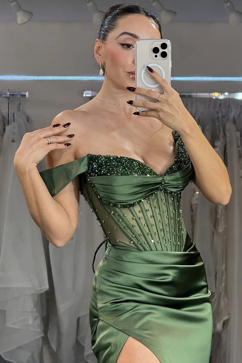 Emerald Off-Shoulder Beaded Corset Prom Dress with High Slit - Image 2