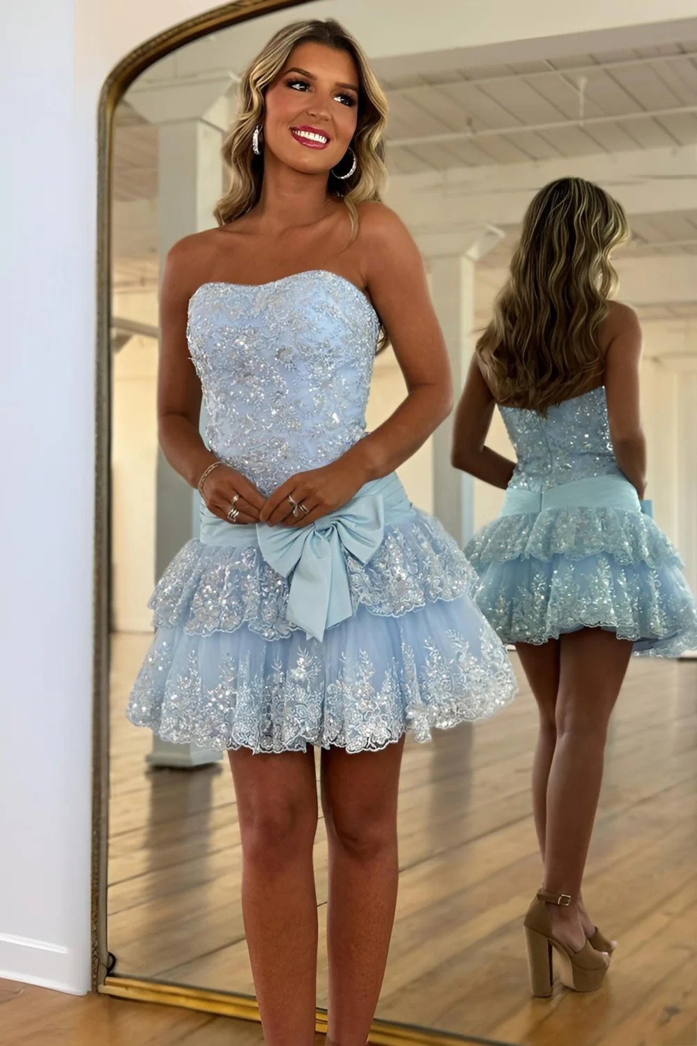 Fairy-like Glitter Pink A-Line Strapless Low Waist Short Sequin Homecoming Dress - Image 2